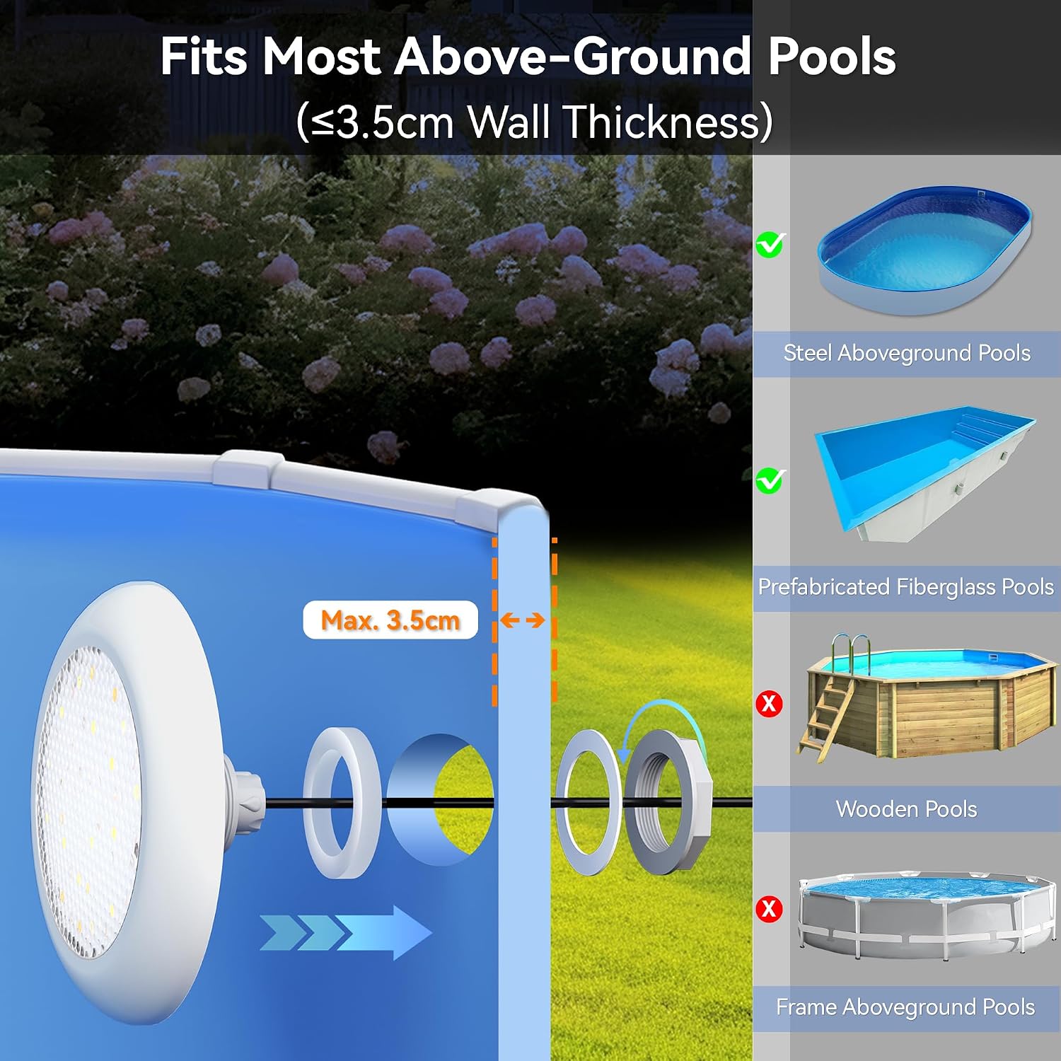 Detalle de LyLmLe Proiettore Piscina LED con filettatura esterna 2" | 18W, 3000K/6000K, Ø242mm, 12V AC