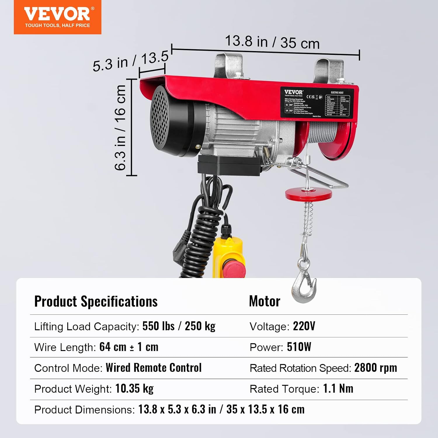 Thumbnail 6 de VEVOR 230V Elektrische Seilwinde 125–250 kg Tragfähigkeit, 12 m Hubhöhe, 510 W Kupfermotor, kabellose Fernbedienung