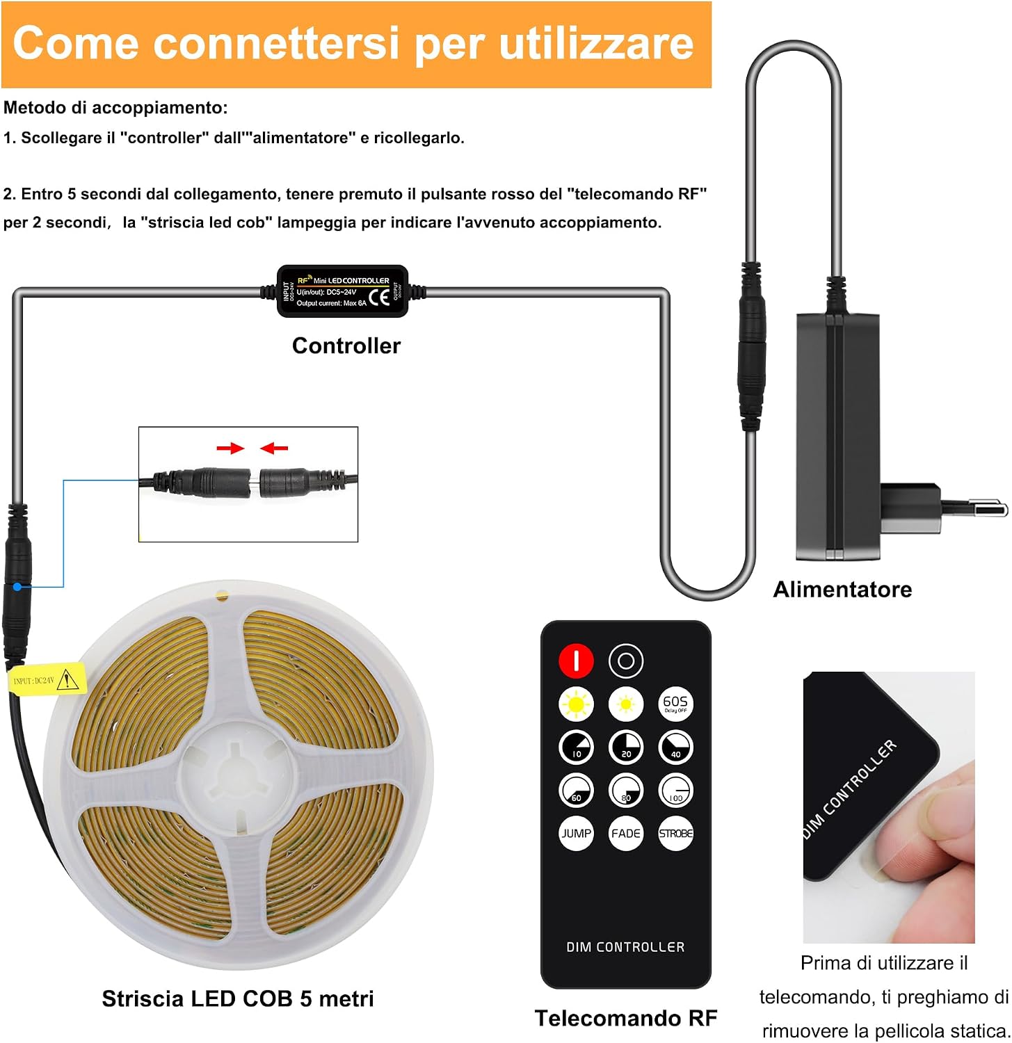 Detalle 2 de AXMOTUT Striscia LED COB 5 metri 24V 4000K con Alimentatore e Telecomando RF