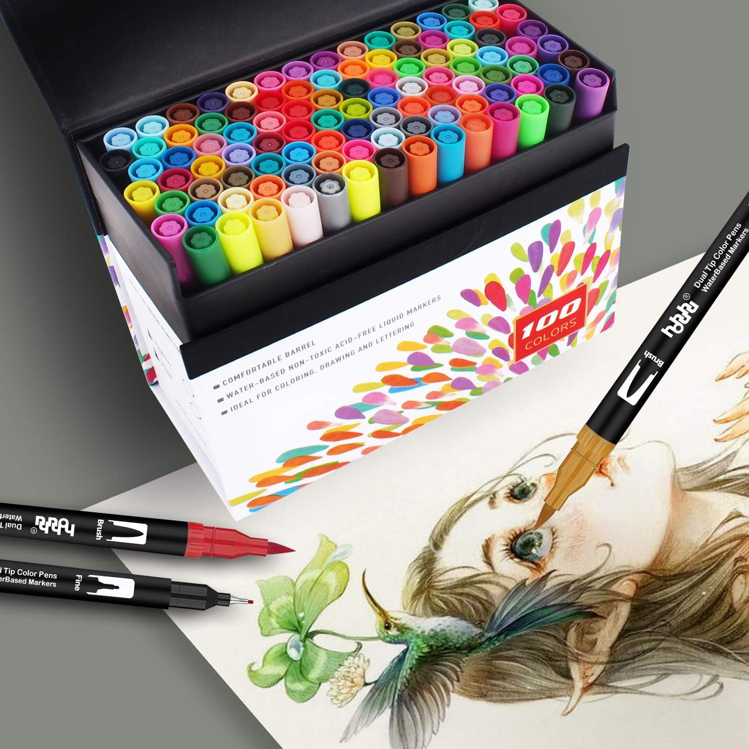 Detalle 2 de Feutres aquarelle hhhouu 100 Couleurs double pointe (HO-100B) pour coloriage, manga, scrapbooking
