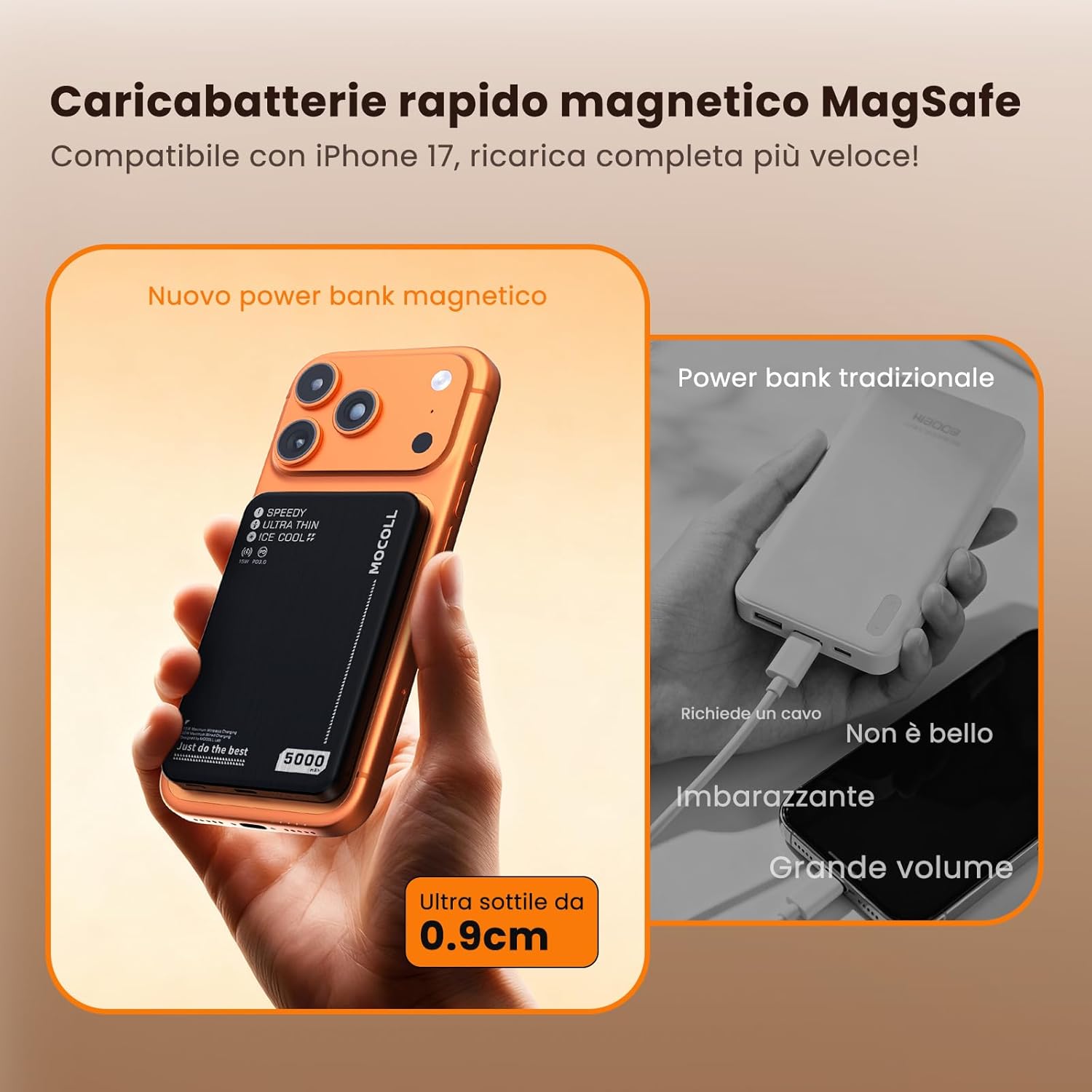Detalle de Mocoll Power Bank Magnetico 10000mAh: ricarica wireless 15W e PD 20W con design slim e magnetico