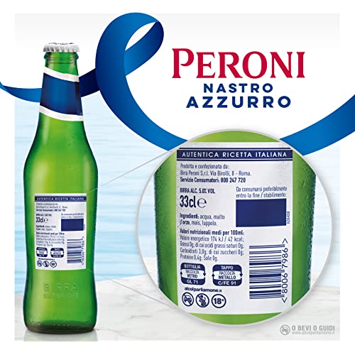Detalle de Peroni Nastro Azzurro – Cassa da 24 bottiglie da 33 cl, Birra Premium Lager a bassa fermentazione
