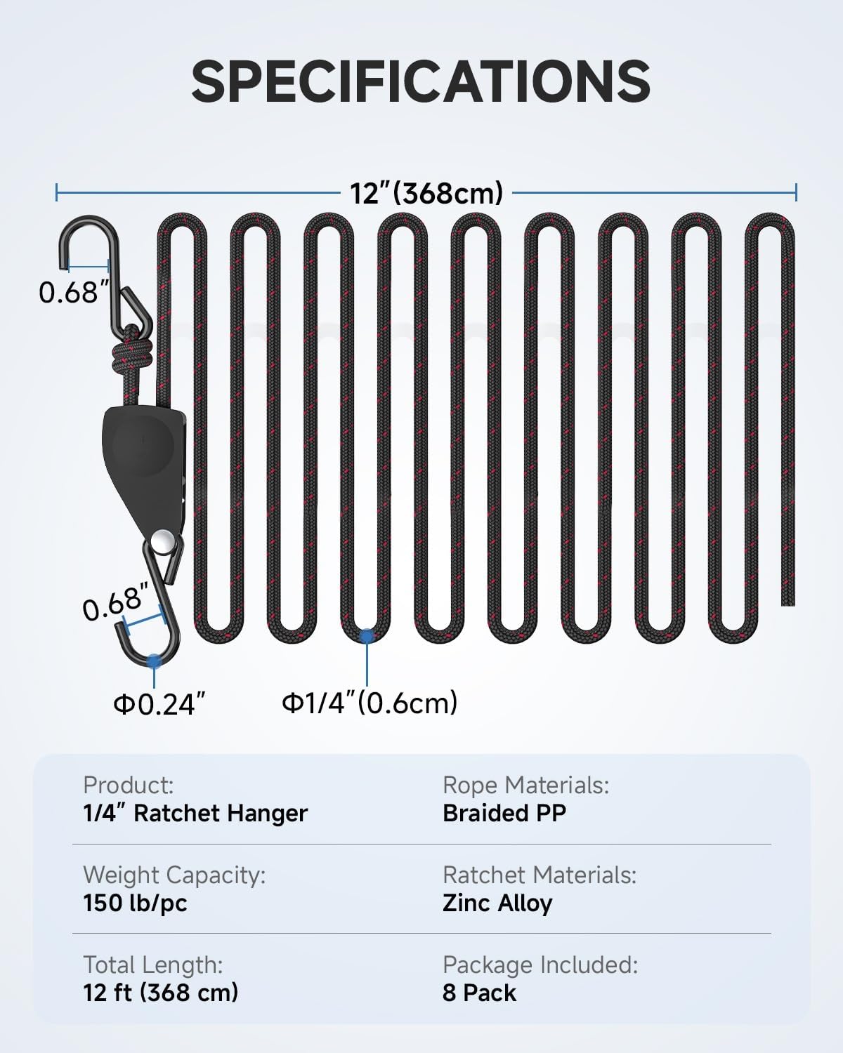 Thumbnail 6 de Fondwell 1/4" Tie Downs Ratchet Straps — 8 Pack Heavy Duty Adjustable Rope Hangers