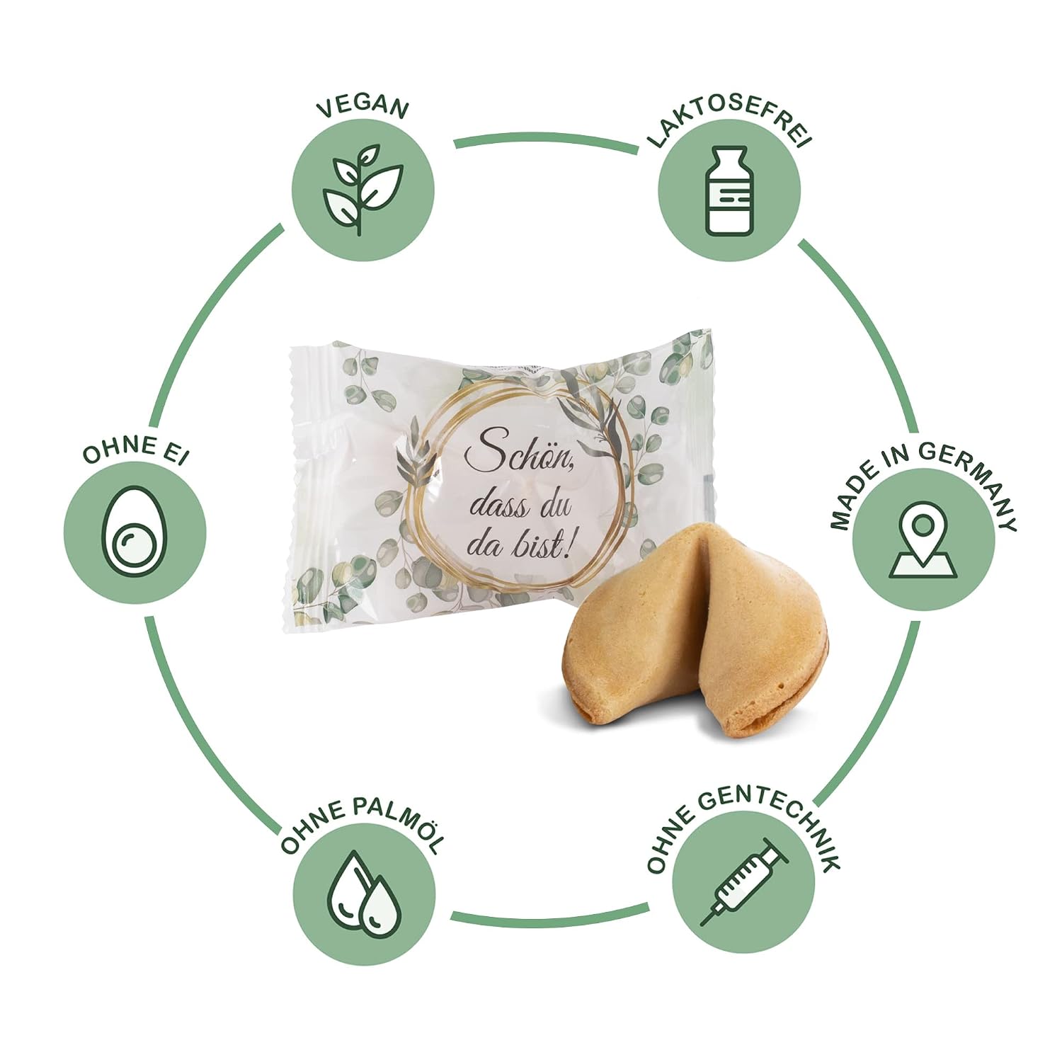 Detalle de FOOD crew 36x Glückskekse „Schön dass du da bist“ – einzeln verpackt, vegan als Gastgeschenk für Hochzeit & Co.
