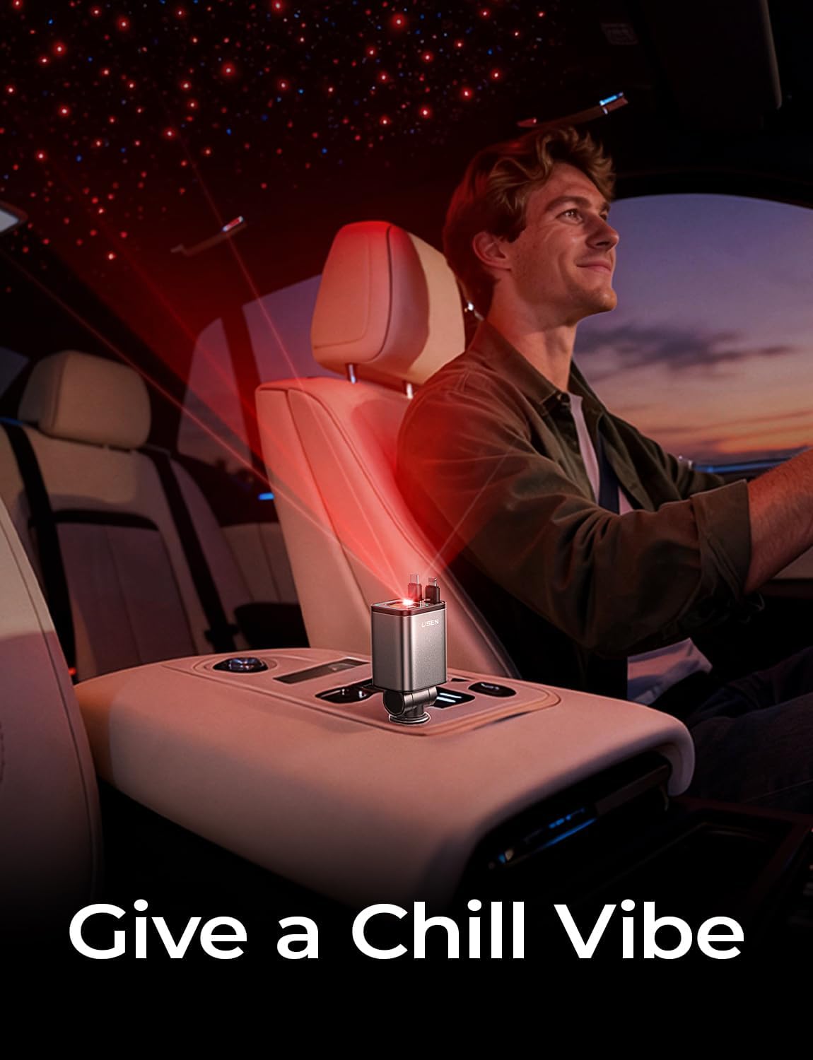 Thumbnail 1 de LISEN 4-in-1 Starlight Retractable Car Charger — 75W with Starry Sky Light Projection