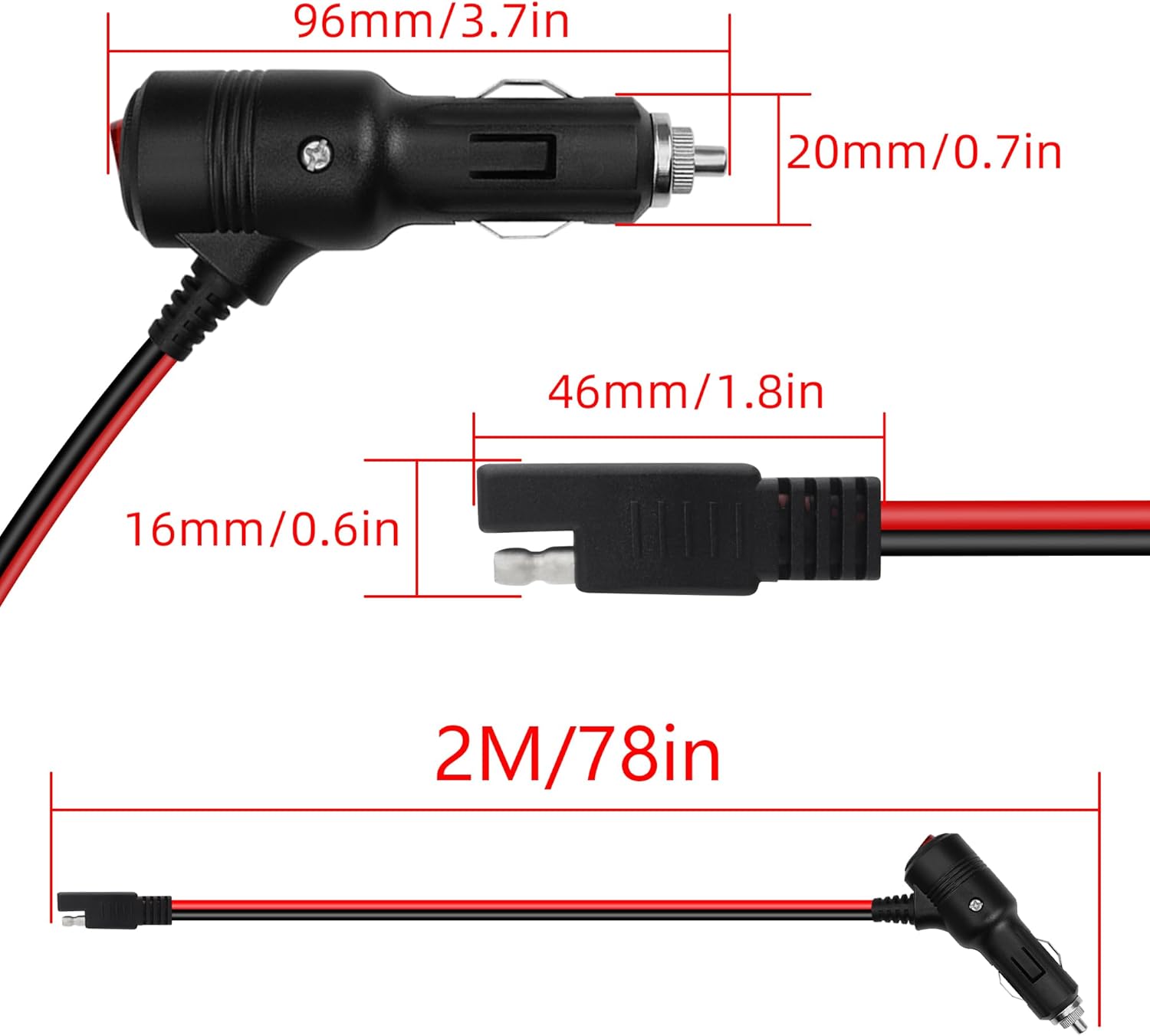 Thumbnail 5 de GELRHONR 6.5ft SAE to Cigarette Lighter Plug with Switch, 12V/24V adapter extension cable (15A fuse)