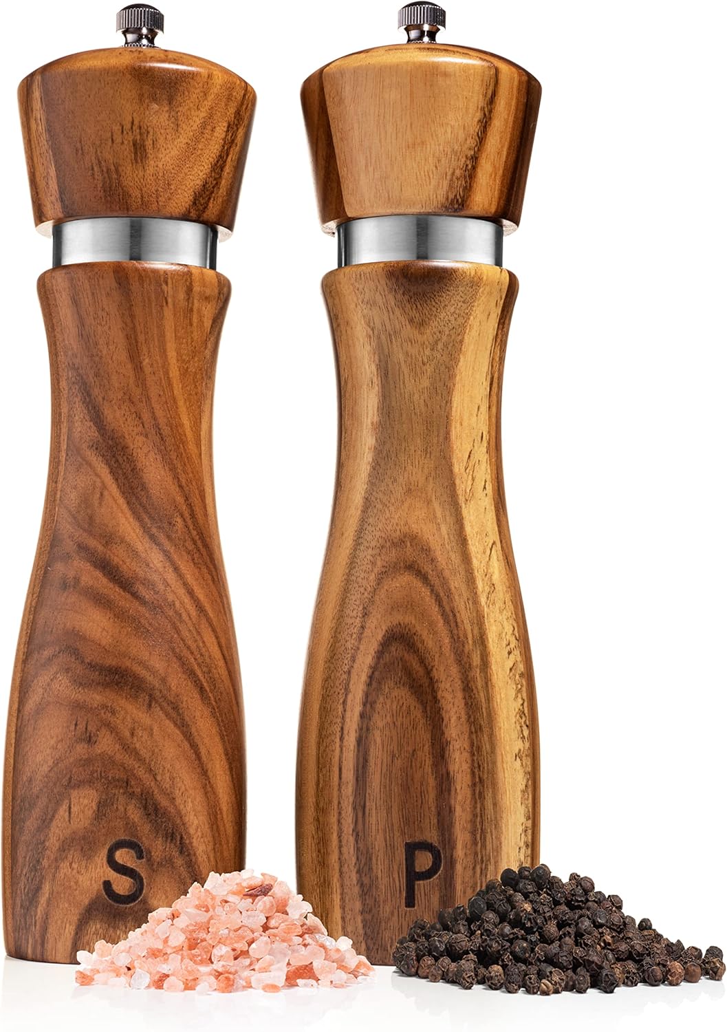 Detalle de Gennua Kitchen Wooden Salt and Pepper Grinder Set: Refiller, Adjustable Coarseness, 8-Inch Acacia Wood Mills