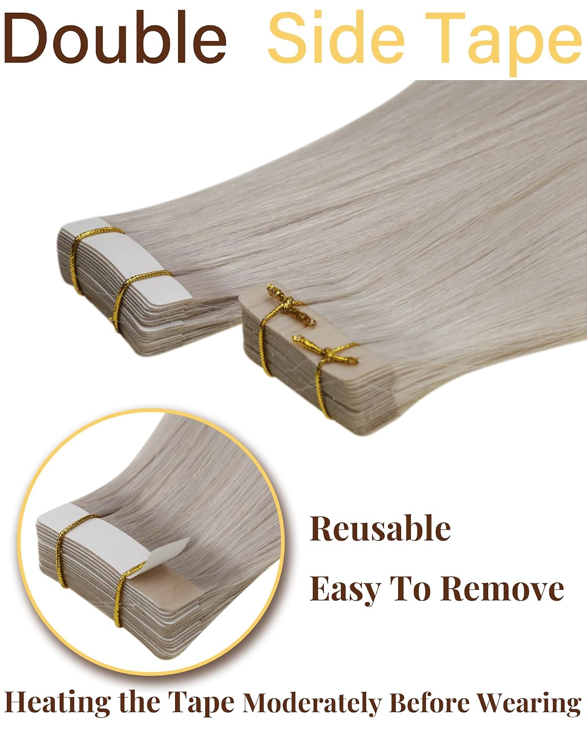 Detalle de Hetto Tape Extensions Echthaar, Aschblond, 50 cm – 20 Stücke, 50 g, 100% Remy Haar