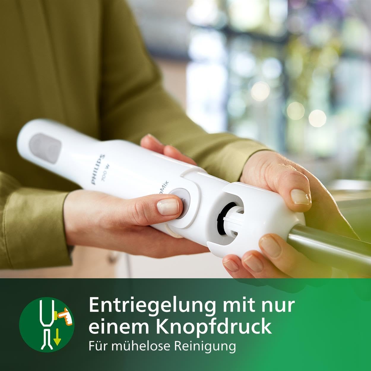 Detalle de Philips Daily Collection ProMix Stabmixer HR2534/00 – 650-W-Motor, Spritzschutz & ergonomisches Design