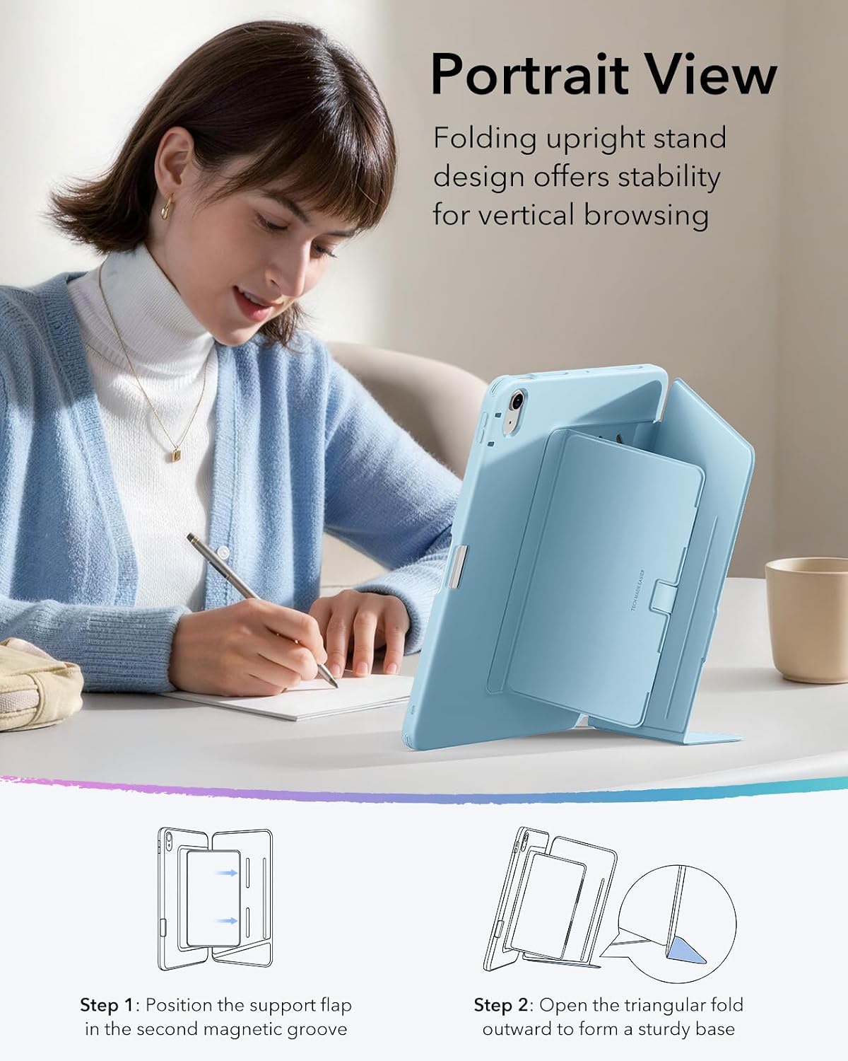 Detalle de ESR Hülle für iPad Air 11 Zoll M4/M3/M2 (2026/2025/2024) – Vertikalsäule, Mehrwinkel-Stand, Ultrastabil, Hellblau