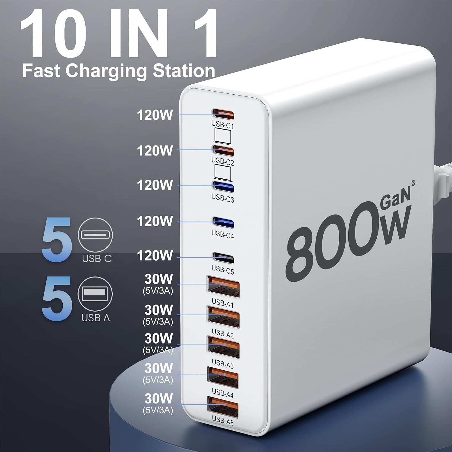 Detalle de 800W USB C Charger Block: 10-Port GaN Fast Charging Station for MacBook, iPhone, iPad, Dell XPS and More
