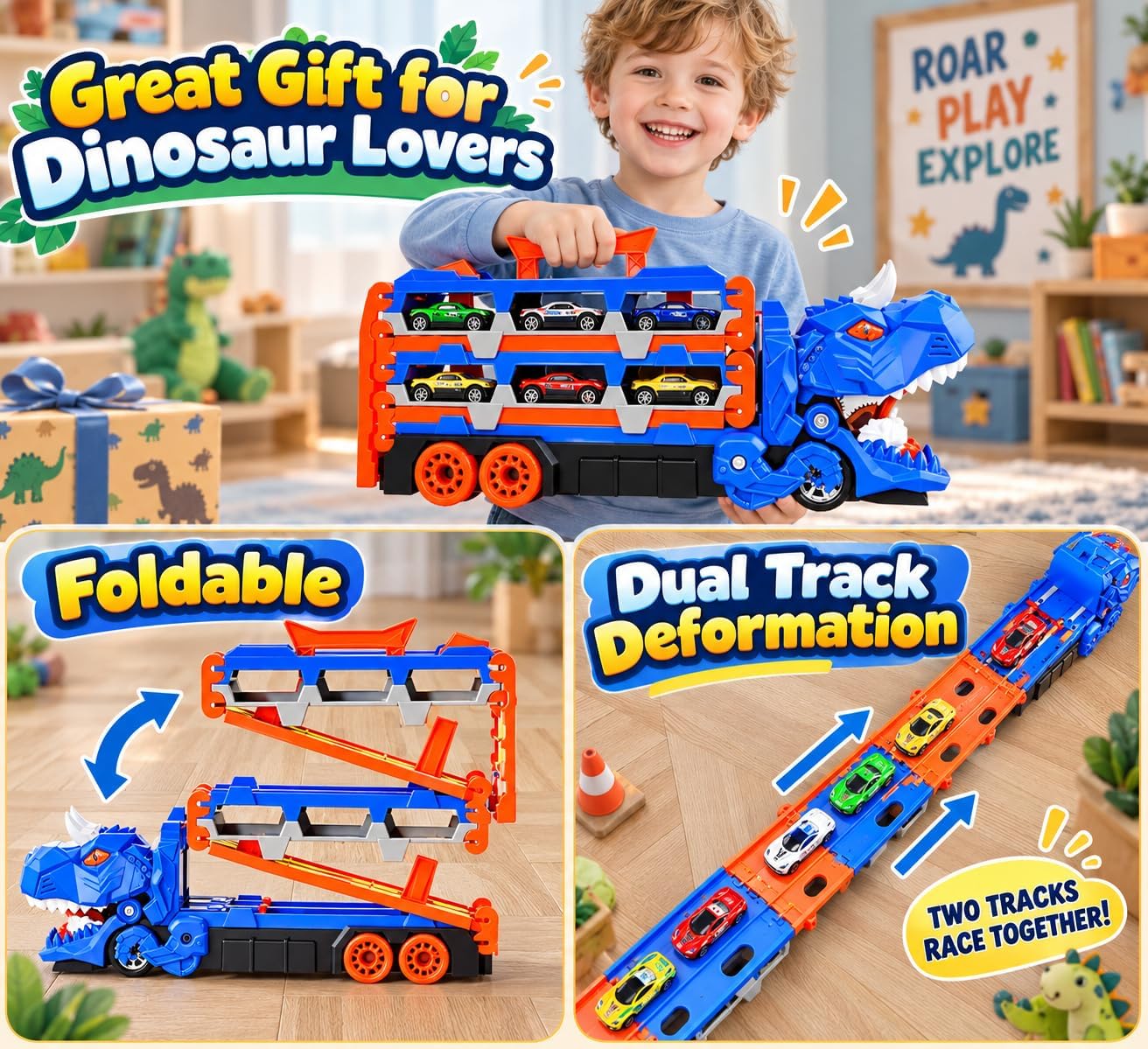Detalle de TocsQron YM333-1 Dinosaur Race Track Toy with 12 Cars and 150cm Dual Track