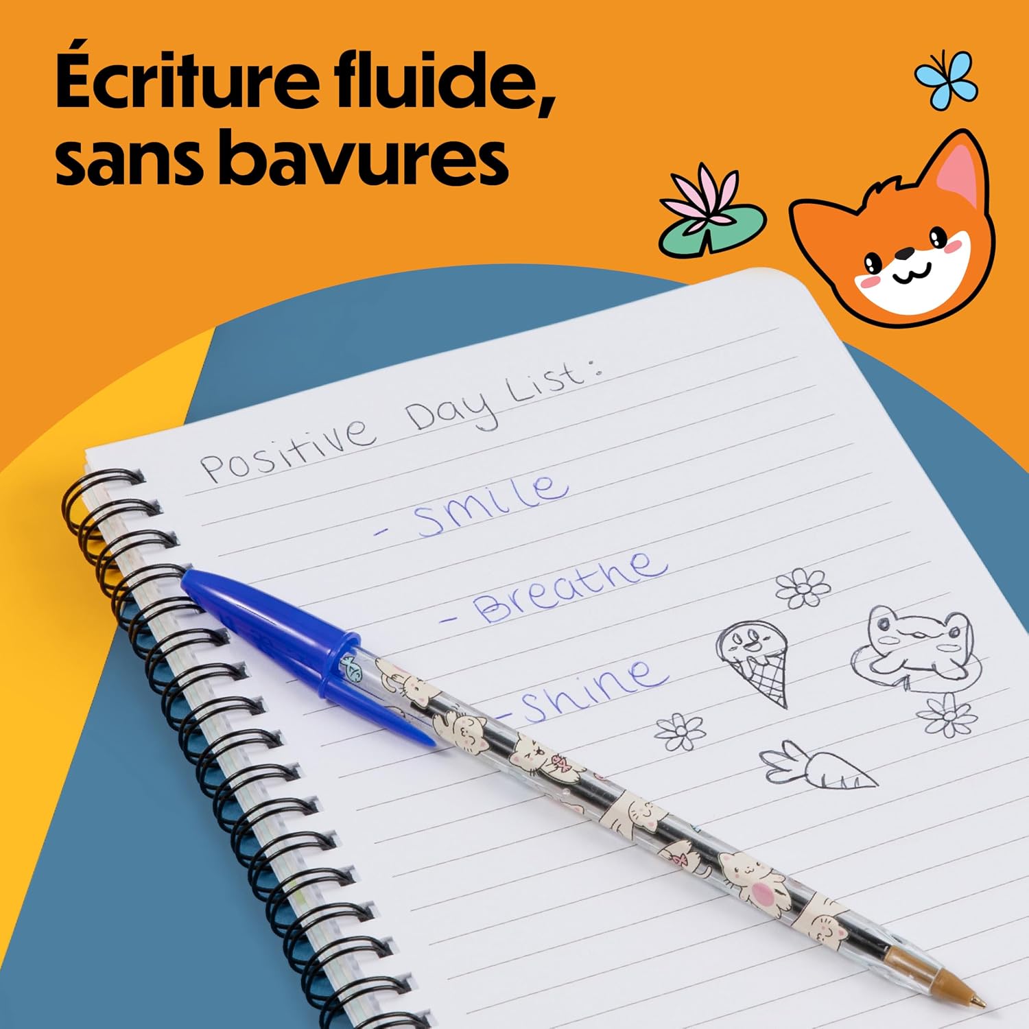 Detalle de BIC Cristal Décors Kawaii – Stylos-bille à pointe moyenne (1,00 mm), Bleu et Noir, Pack de 8