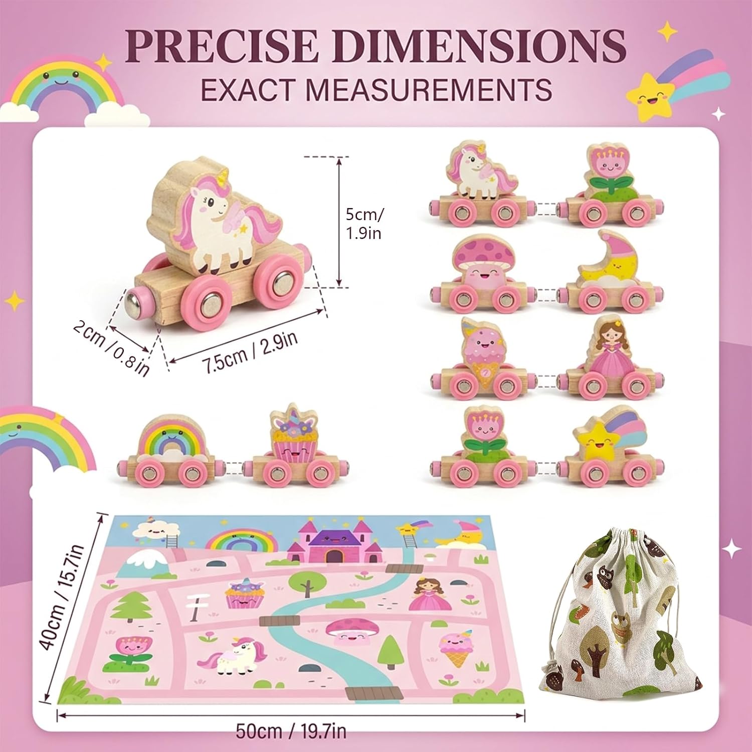 Thumbnail 4 de Unicorn Magnetic Wooden Train Set for 1–4 Year Old Girls with Castle Play Mat (Pink)