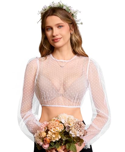 Detalle de DIRNDLSTERN Bluse Damen Langarm – Transparente Trachtenbluse mit Punkten, Puffärmel, für Oktoberfest
