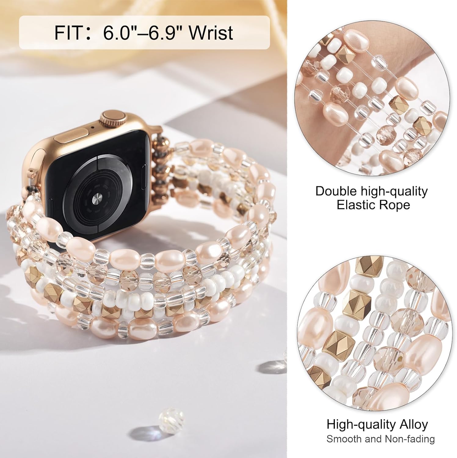 Thumbnail 2 de VISOOM Beaded Boho Bracelet for Apple Watch—Pearl Wrap Stretch Band (38–42mm) for Series 1–10, SE