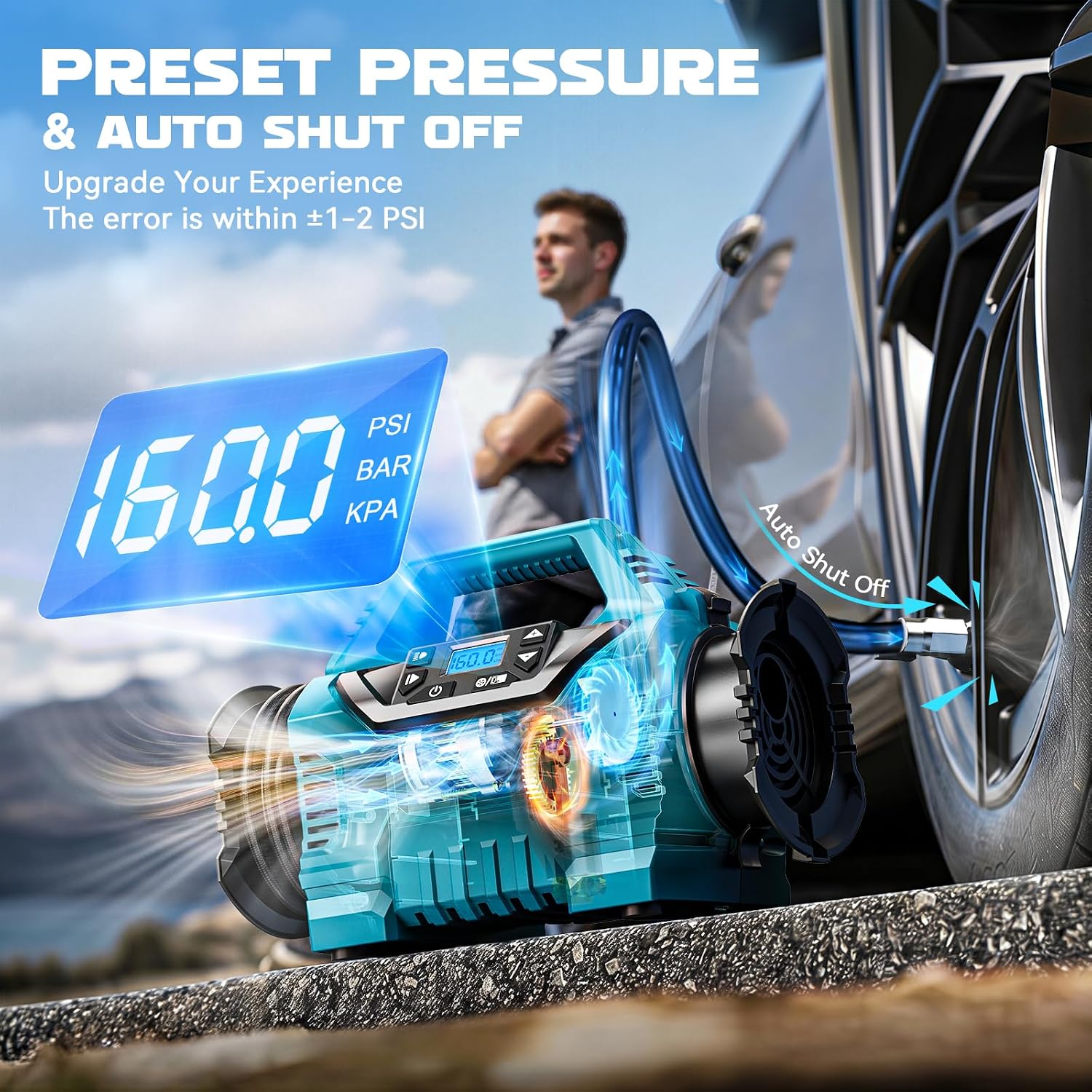 Detalle de 3X Faster Tire Inflator/Deflator with Makita 18V Compatibility — DIYtoolifz 160 PSI Cordless Air Compressor Pump (Tool Only)