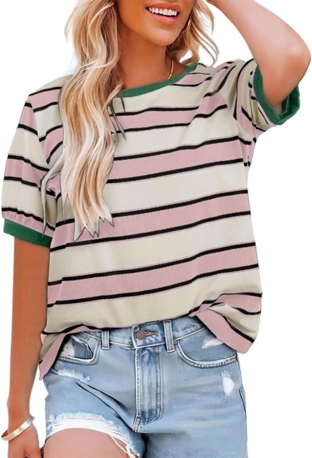 Thumbnail 6 de Cuptacc Damen Rundhals Locker Oberteile – Bunt gestreift, Sommer-T-Shirt aus Baumwolle