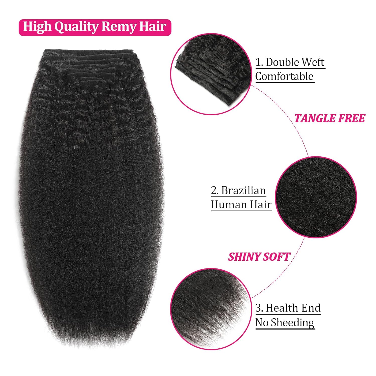 Thumbnail 3 de Clip In Hair Extensions Real Human Hair 20 Inch – 8Pcs 120g Kinky Straight, Brazilian Remy, Full Head