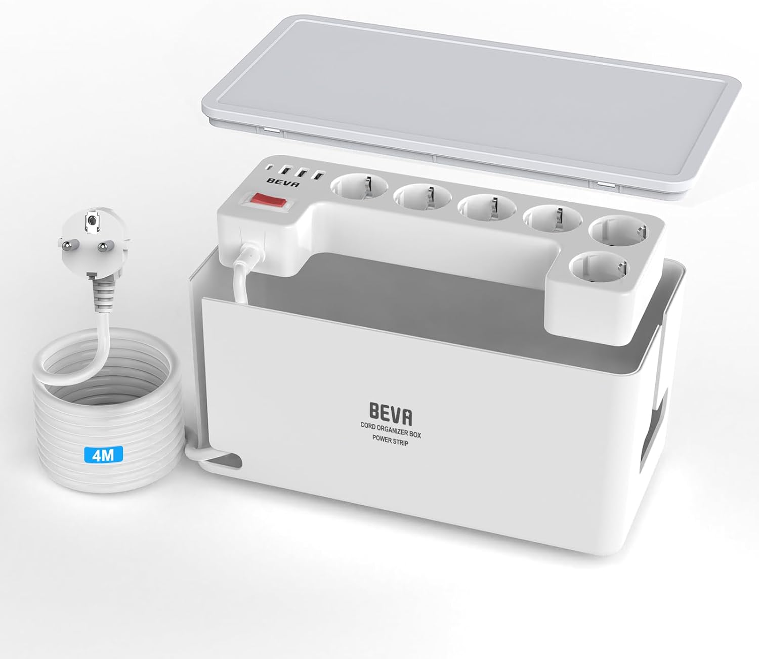 Detalle de Kabelbox mit versteckter Mehrfachsteckdosenleiste 3680W/16A • 4 m Kabel • 1050J Überspannungsschutz • 6 Steckdosen + 3 USB-A + 1 USB-C