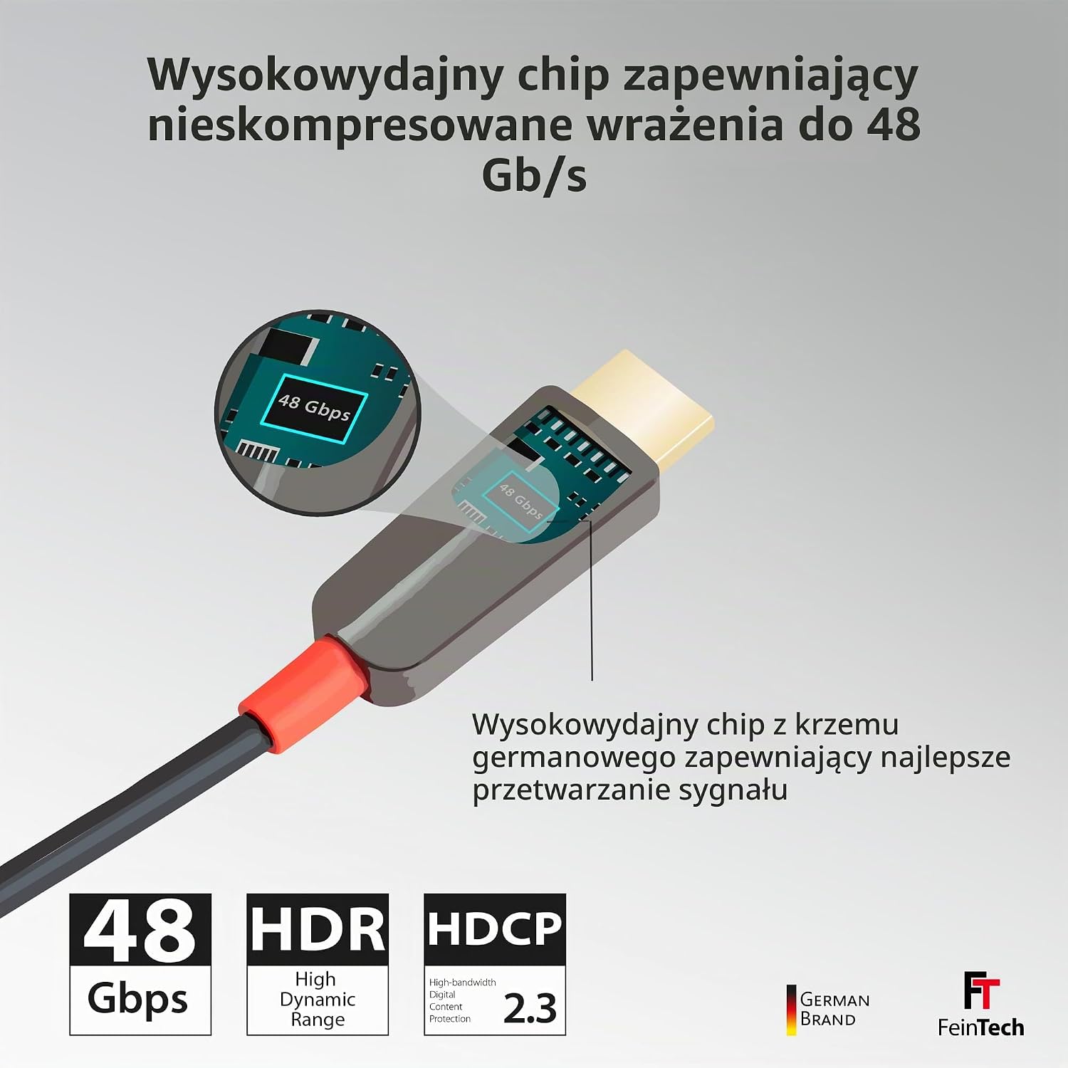 Detalle de FeinTech VMI90120 hybrydowy kabel HDMI 12 m, światłowód, 8K 60 Hz, 4K 120 Hz