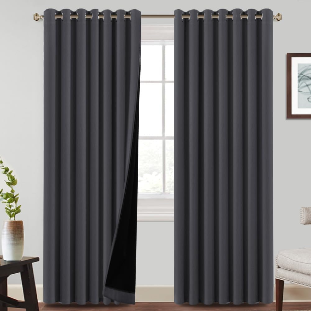 Detalle de BellaHills 100% Blackout Eyelet Curtains (2 Panels) – Charcoal Grey, 90 x 90 Inch