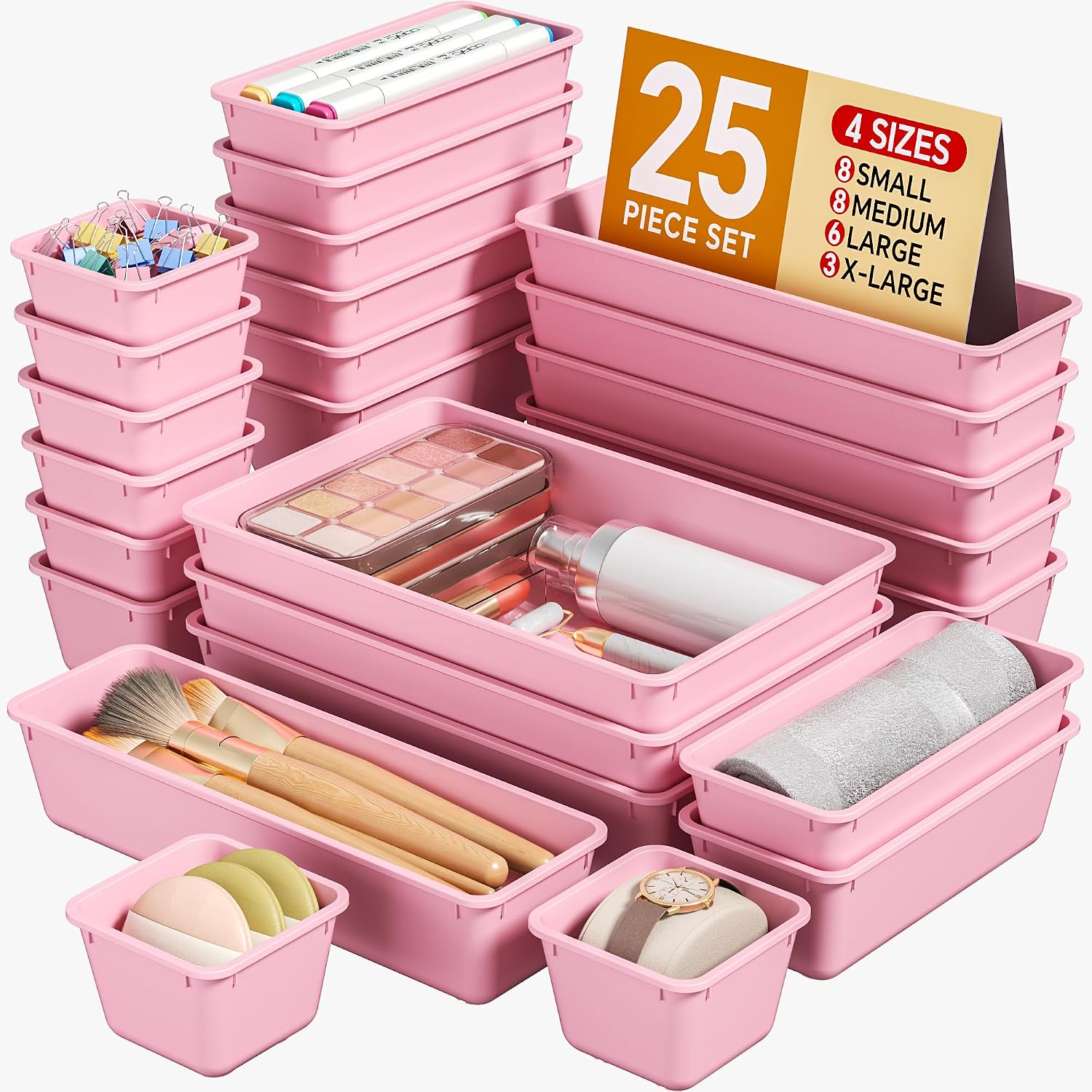 Detalle de KEMETHY H25-Pink 25-Piece Plastic Drawer Organizer Set, 4 Sizes