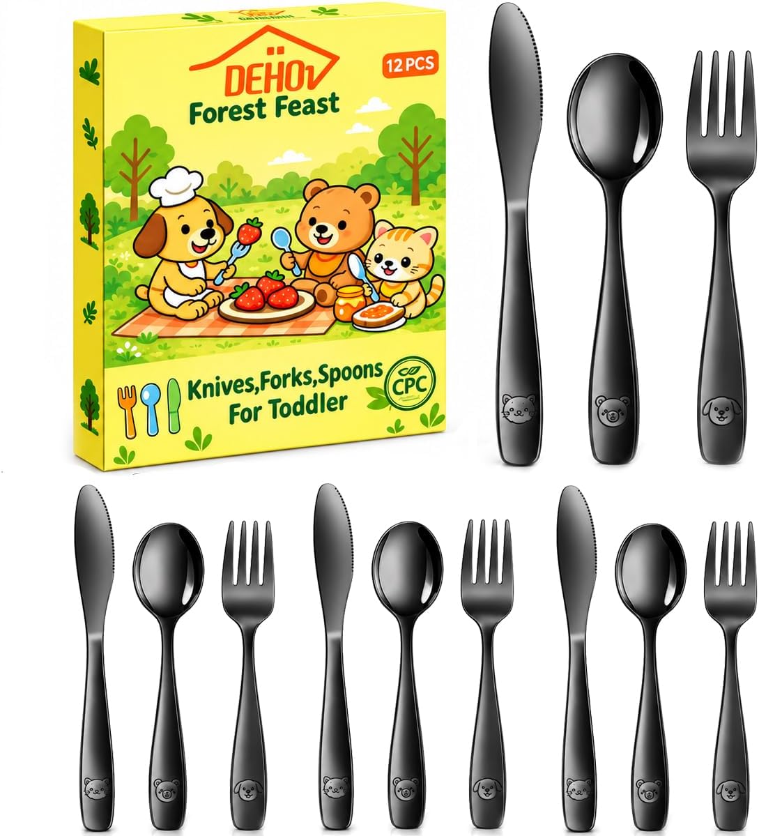 Detalle de Dehov Black Kids' Silverware Set, 12-Piece Stainless Steel, Dishwasher Safe
