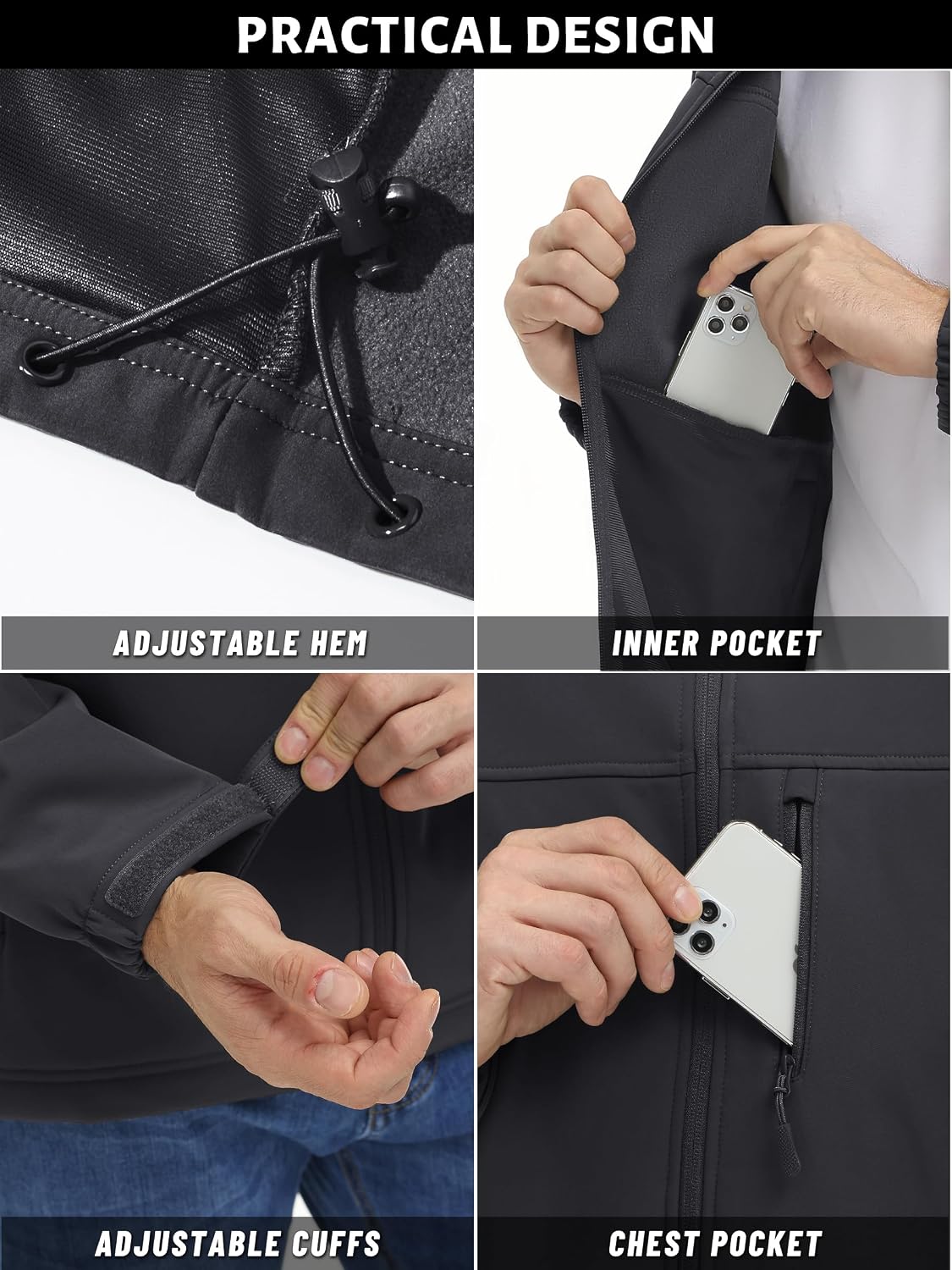 Detalle 2 de TACVASEN TCTJ-731-688 Men's Lightweight Softshell Jacket, Fleece-Lined Waterproof Windbreaker