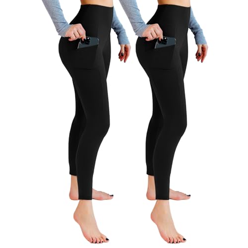 Detalle de Leafigure Lot de 2 leggings avec poches pour femme – taille haute, doux, noir (Large-X-Large)