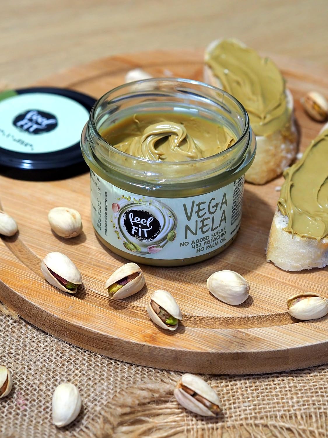 Detalle de Feel FIT VEGANELA Pistazie 45% – vegane Pistaziencreme ohne Zuckerzusatz, 2 x 200 g