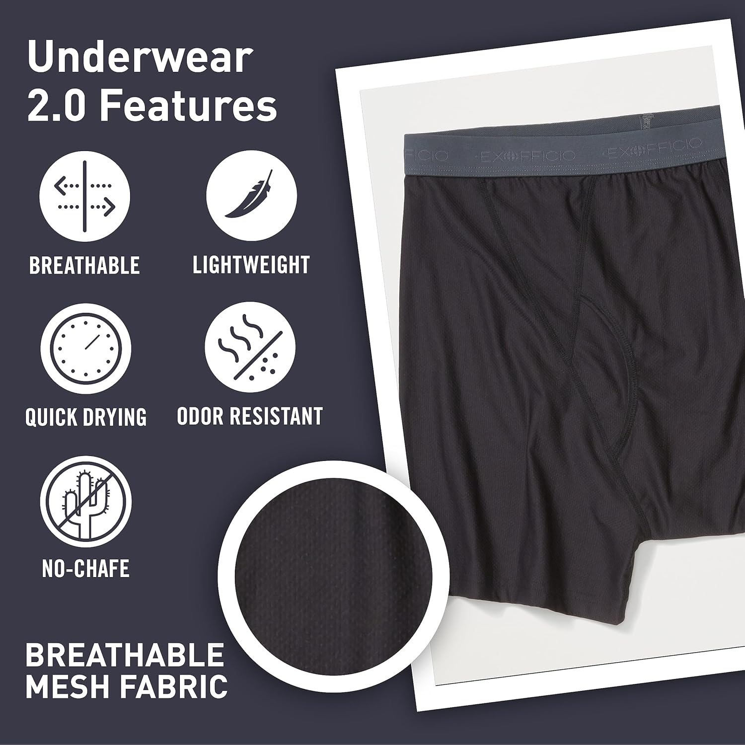 Detalle de ExOfficio Men's Give-N-Go 2.0 Boxer Briefs — Cool, Chafe-Free Travel Underwear