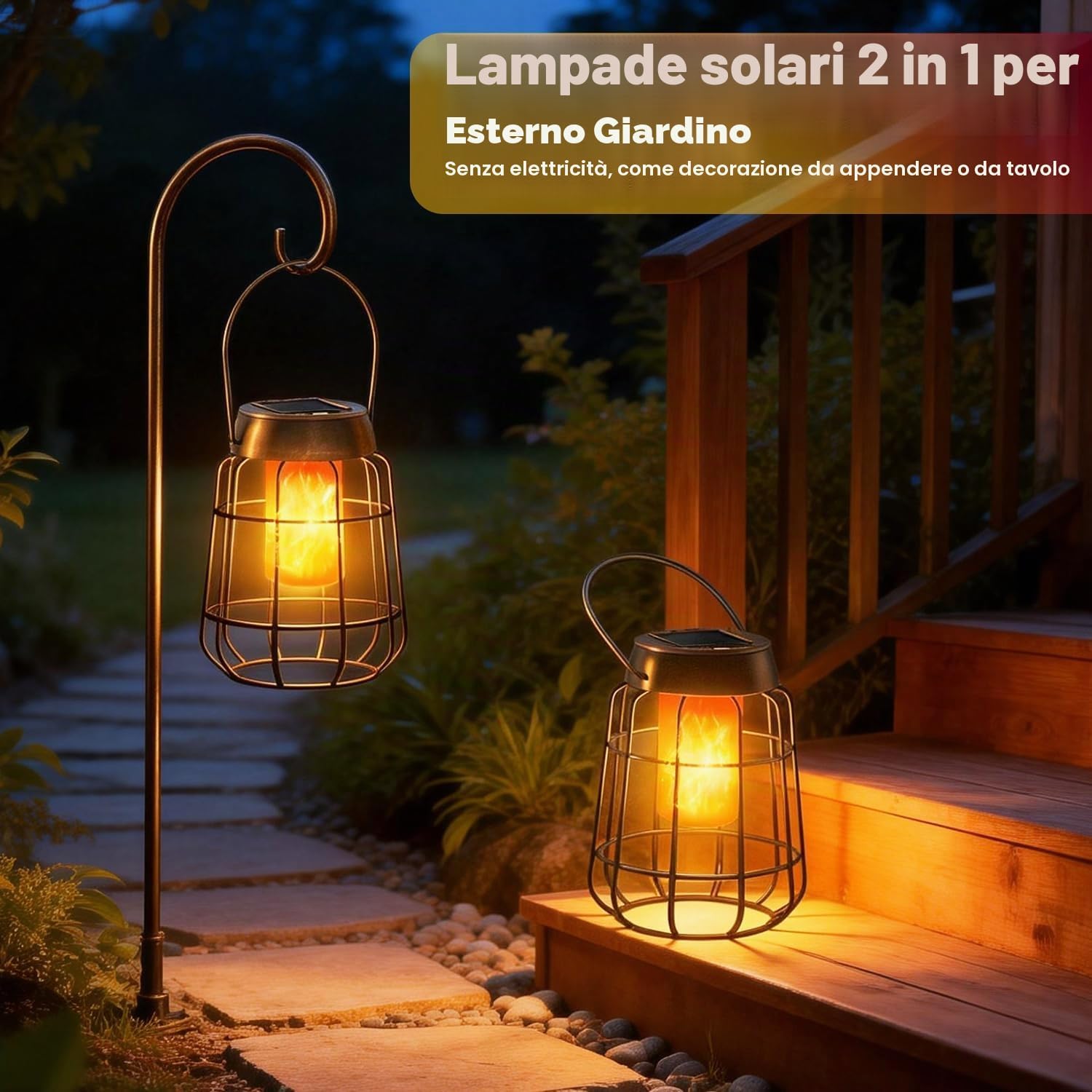 Detalle de 2 lanterne solari con effetto fiamma reale per esterni, IP65 - decorazione elegante per giardino, balcone e terrazza