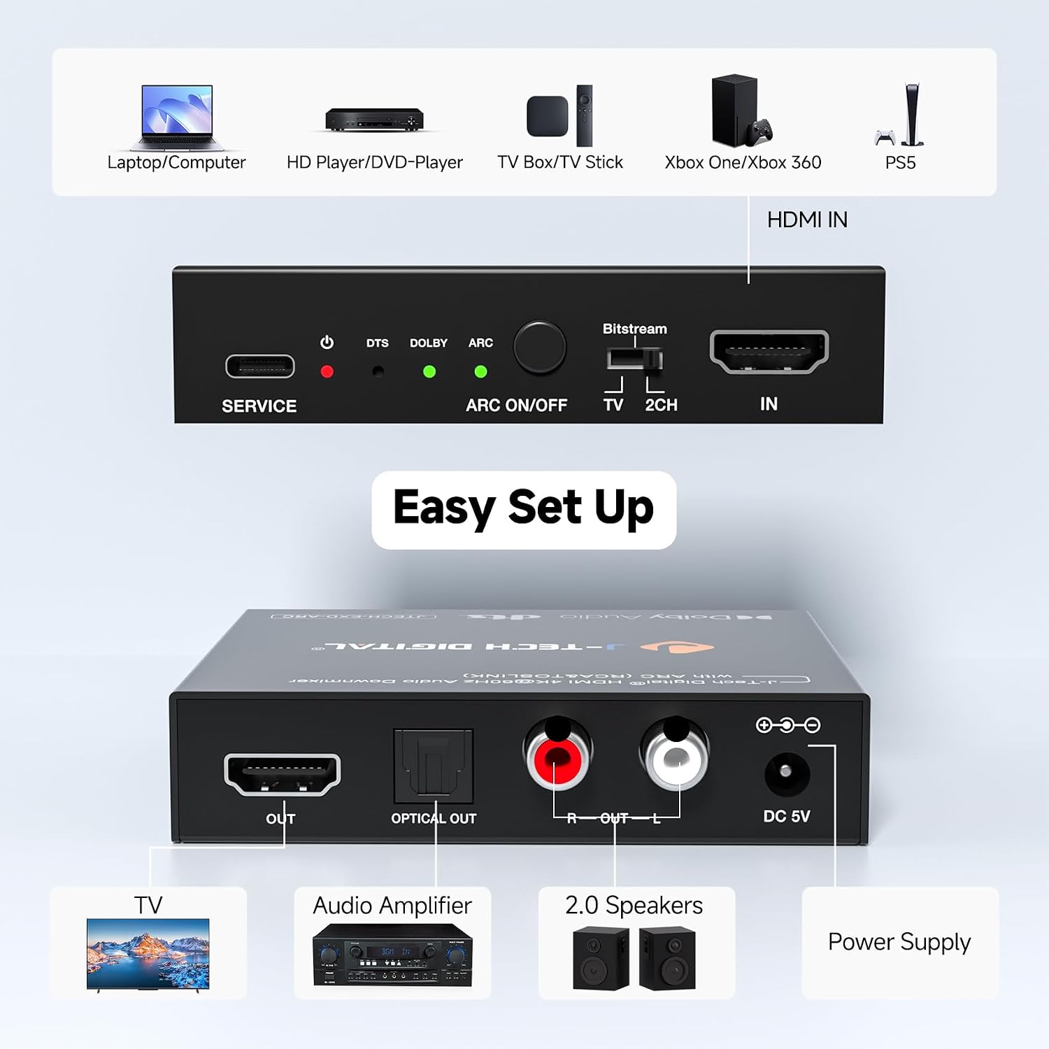 Detalle 2 de J-Tech Digital HDMI Audio Extractor 4K 60Hz with ARC: HDMI to Optical & RCA Converter (JTECH-EXD-ARC)