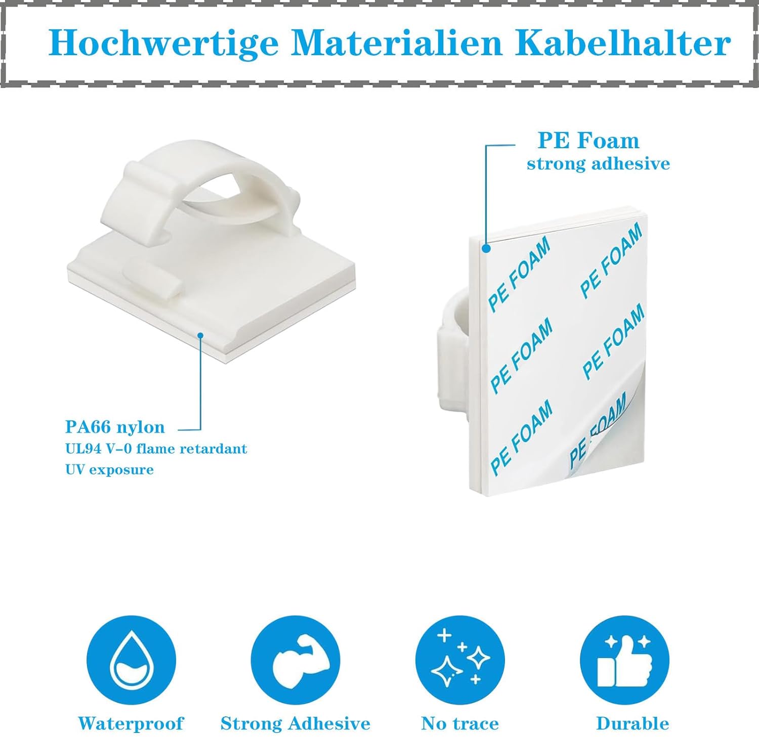 Detalle de KLJ Attache Cable Adhesif 100Pcs Blanc Petit Format – Fixation sans perçage pour câbles 0–5 mm