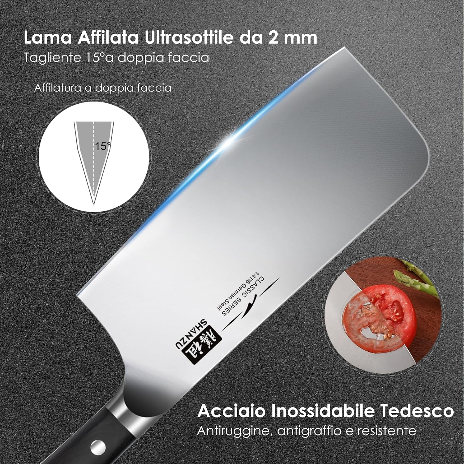 Detalle de SHAN ZU Coltello da cucina 20 cm da chef, lama 5Cr15Mov con manico ergonomico in legno
