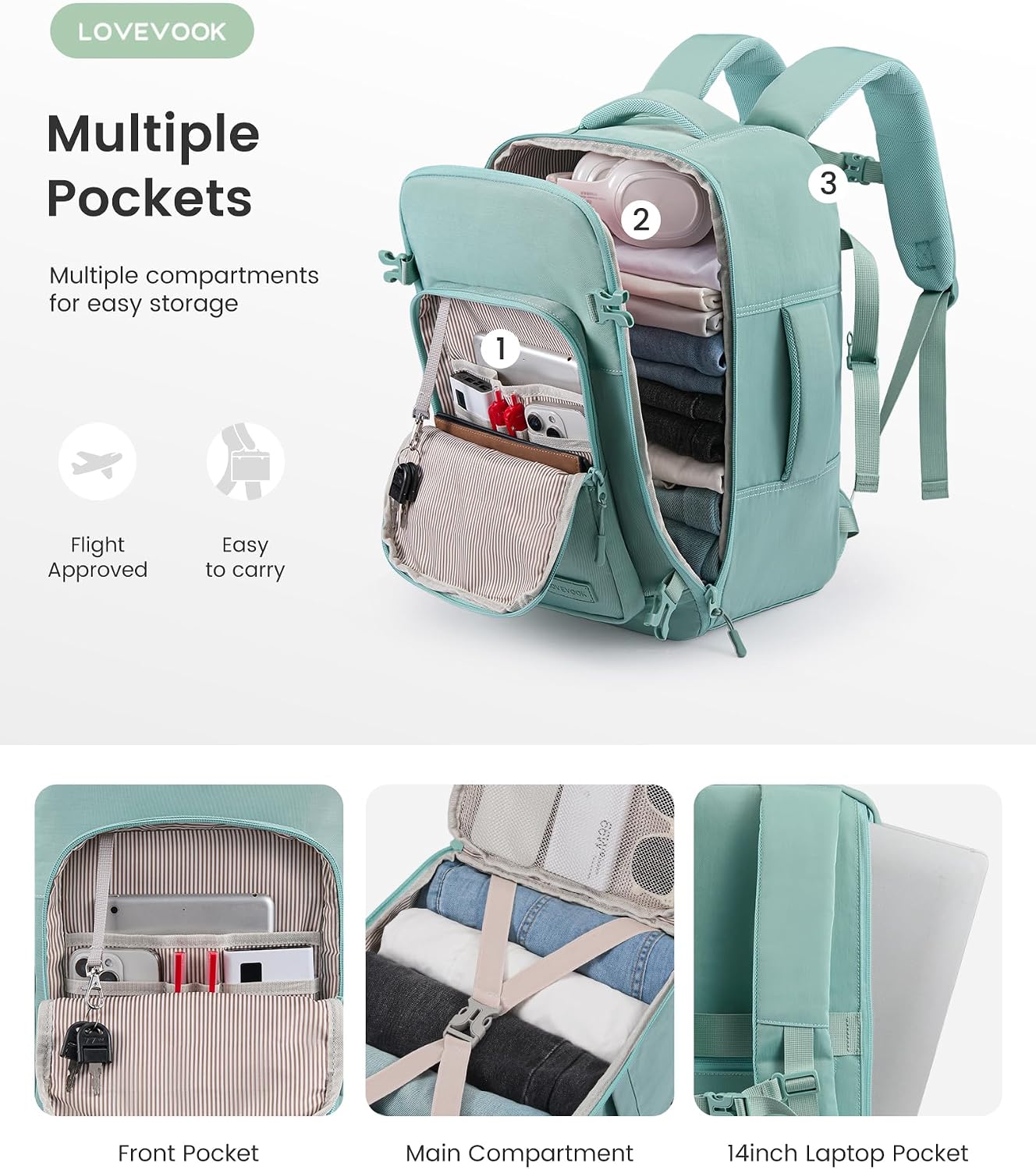 Thumbnail 4 de LOVEVOOK Ryanair cabin bags underseat travel backpack (40x30x20cm) – lightweight 14-inch laptop sleeve