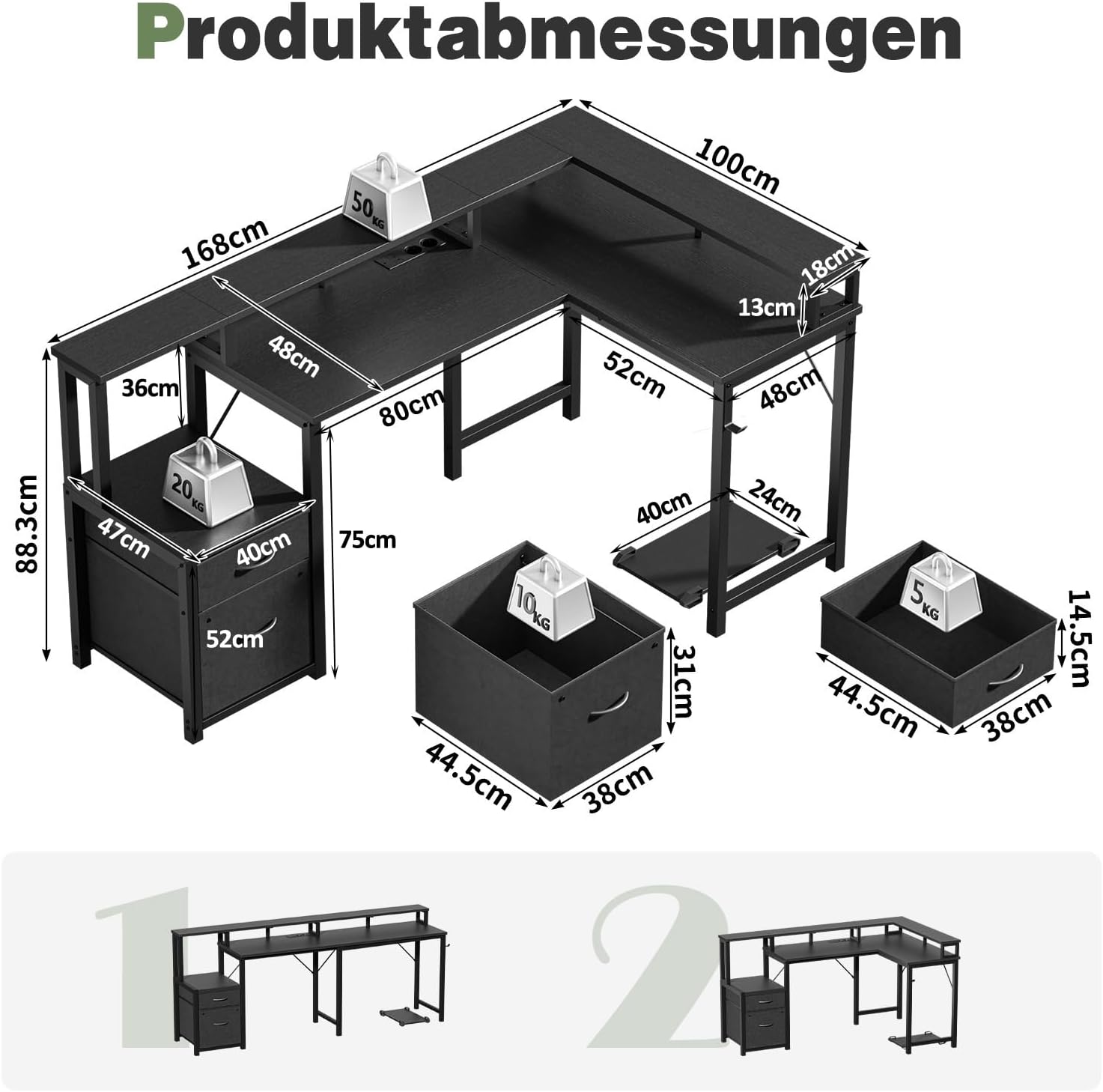 Detalle de YOUDENOVA Scrivania angolare con cassetti – scrivania a forma di L 168 x 100 cm con LED, prese e USB