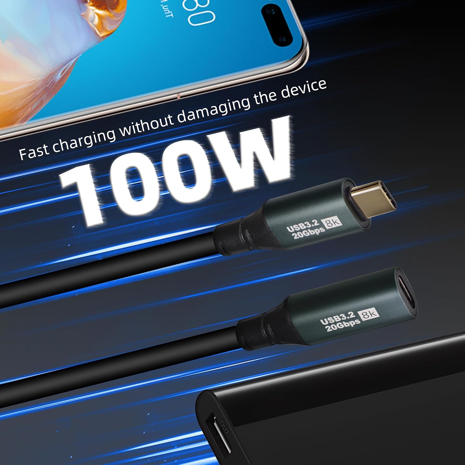 Detalle de RIIEYOCA Coiled USB C to USB C Extension Cable – 100W PD, 20Gbps, 1.5m, 8K60, for Cars, Bicycles and Office