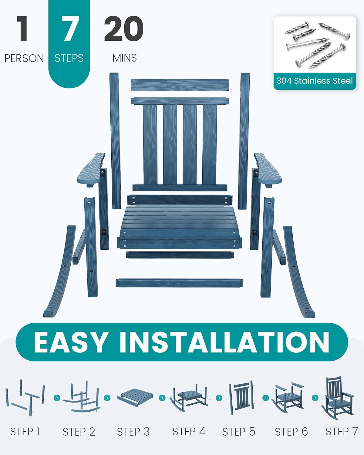 Detalle de SERWALL A041-088 Outdoor Rocking Chair Set of 2, Blue HDPE