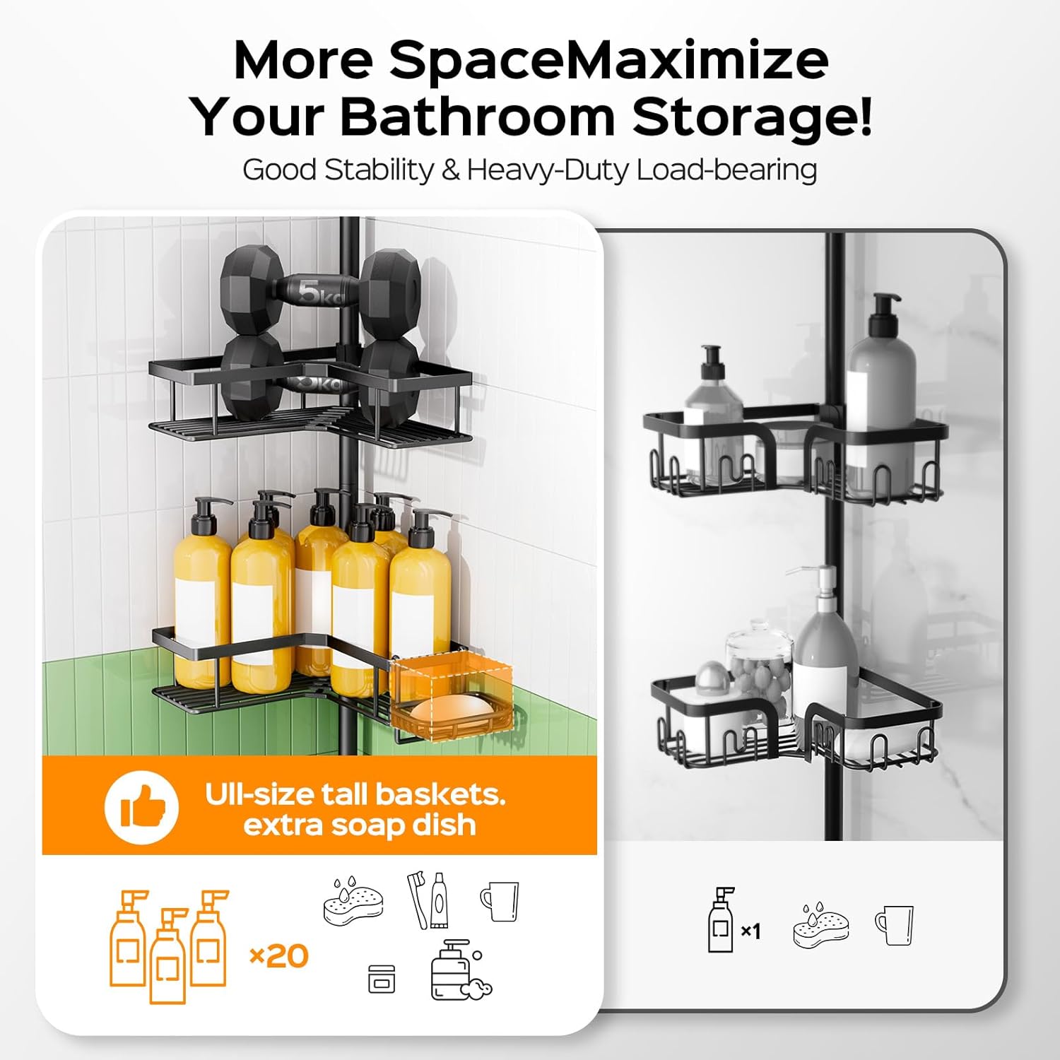Detalle de HAMITOR Shower Caddy Tension Pole: 4-Tier Corner Rustproof Organizer (No-Drill, 47.71"–123.6" Adjustable) for Renters