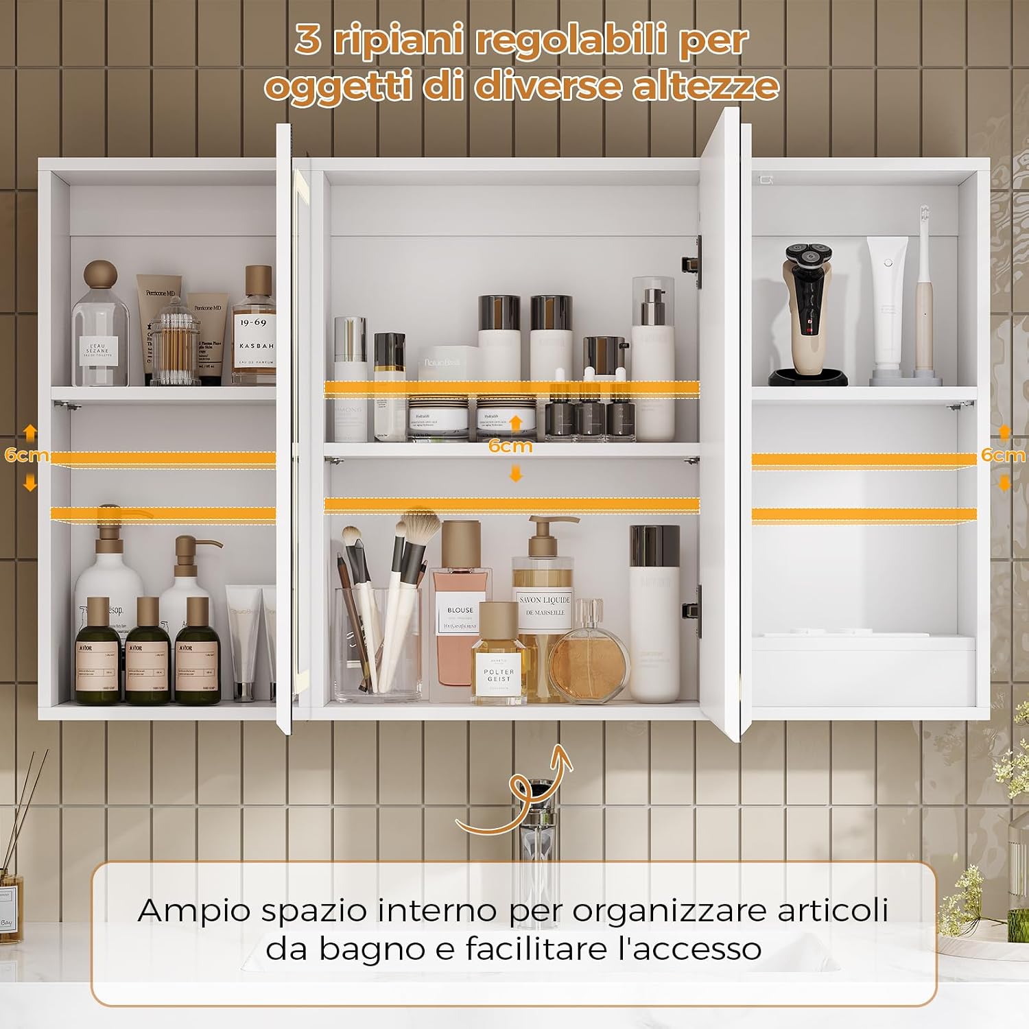 Detalle de Mojiasion Specchio Bagno LED sospeso 100x60 cm con 3 ante e presa integrata, 3 luci regolabili e memoria luminosità