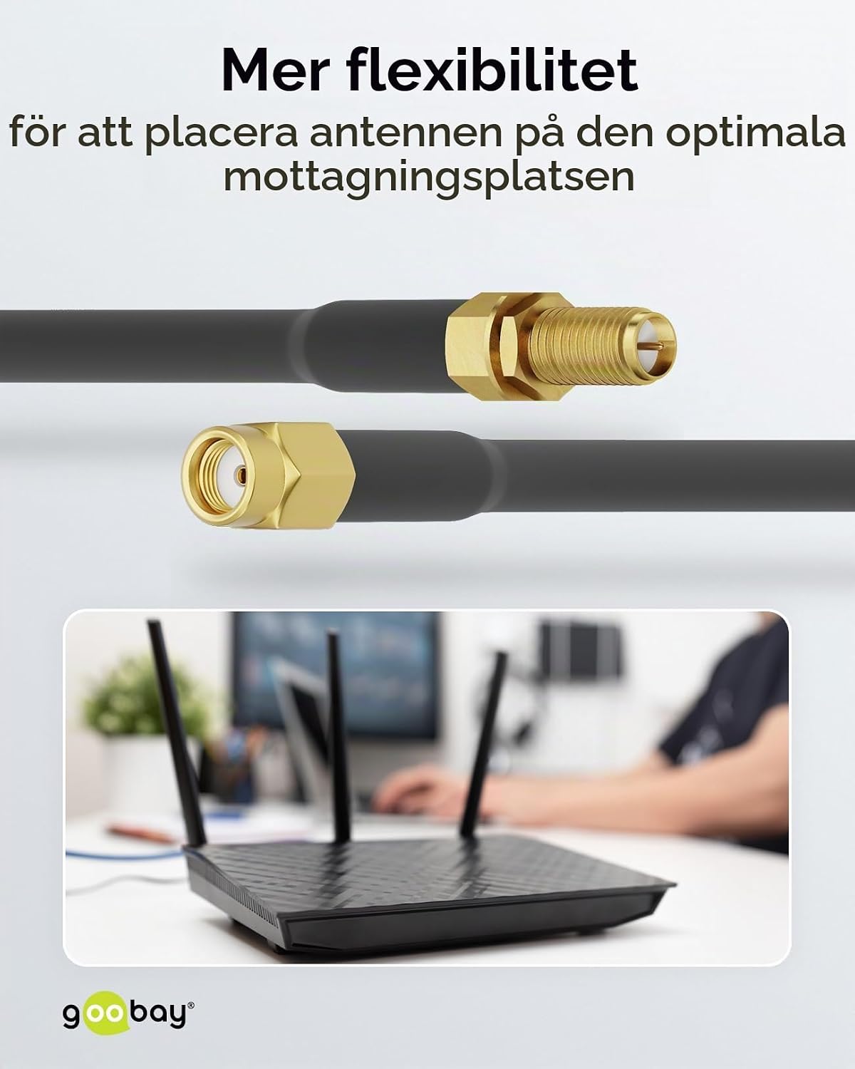 Detalle de Goobay 51676 WLAN-antennförlängningskabel med RP-SMA-kontakter, svart