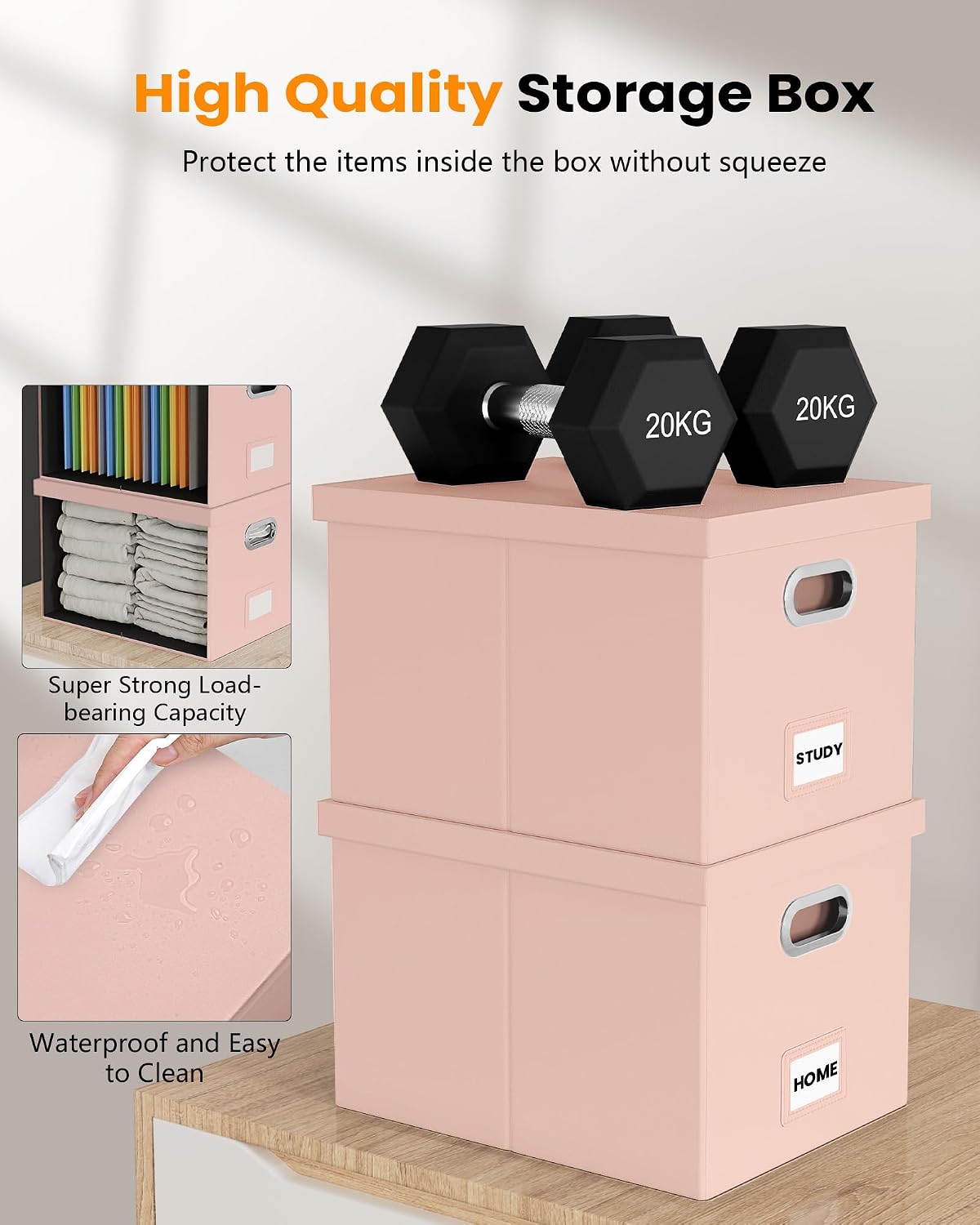 Detalle 1 de Oterri 2-Pack File Storage Boxes, Cream-Pink PVC Leather, Letter/Legal