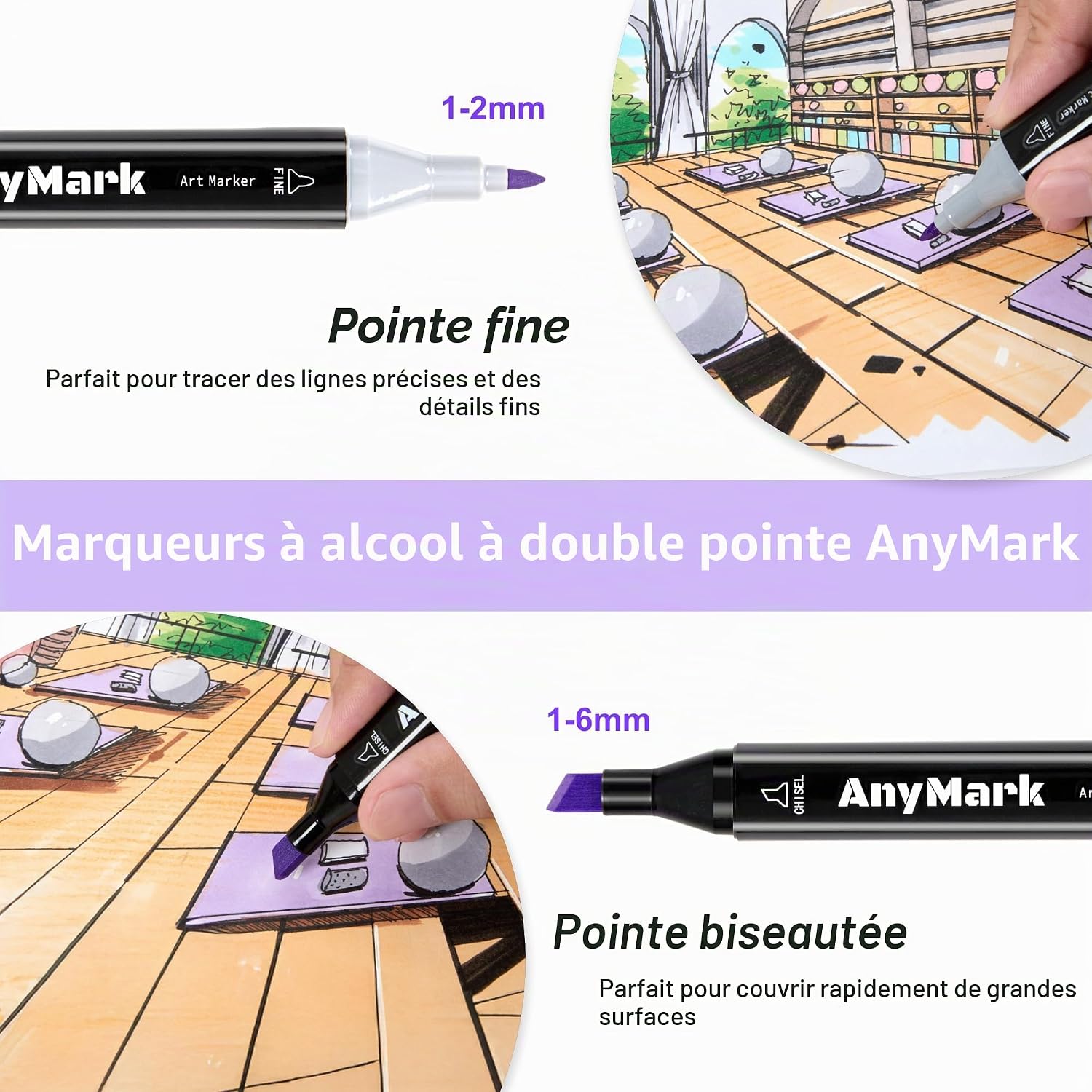 Detalle 2 de AnyMark Feutres à Alcool Professionnels – 80 couleurs, double pointe pour dessin et coloriage