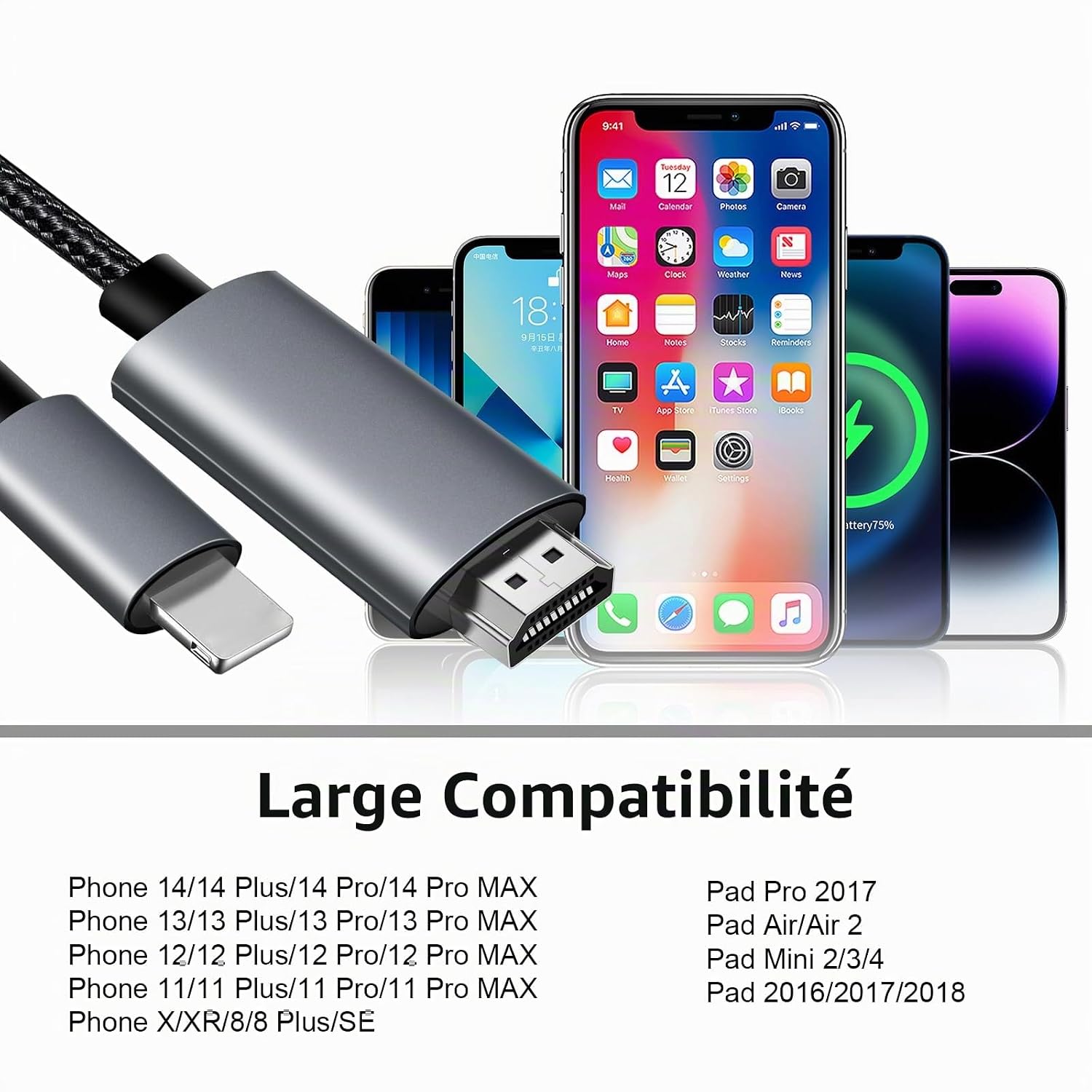 Thumbnail 6 de APKLVSR Câble HDMI Lightning vers TV – 2 m, 1080p, Plug & Play pour iPhone et iPad