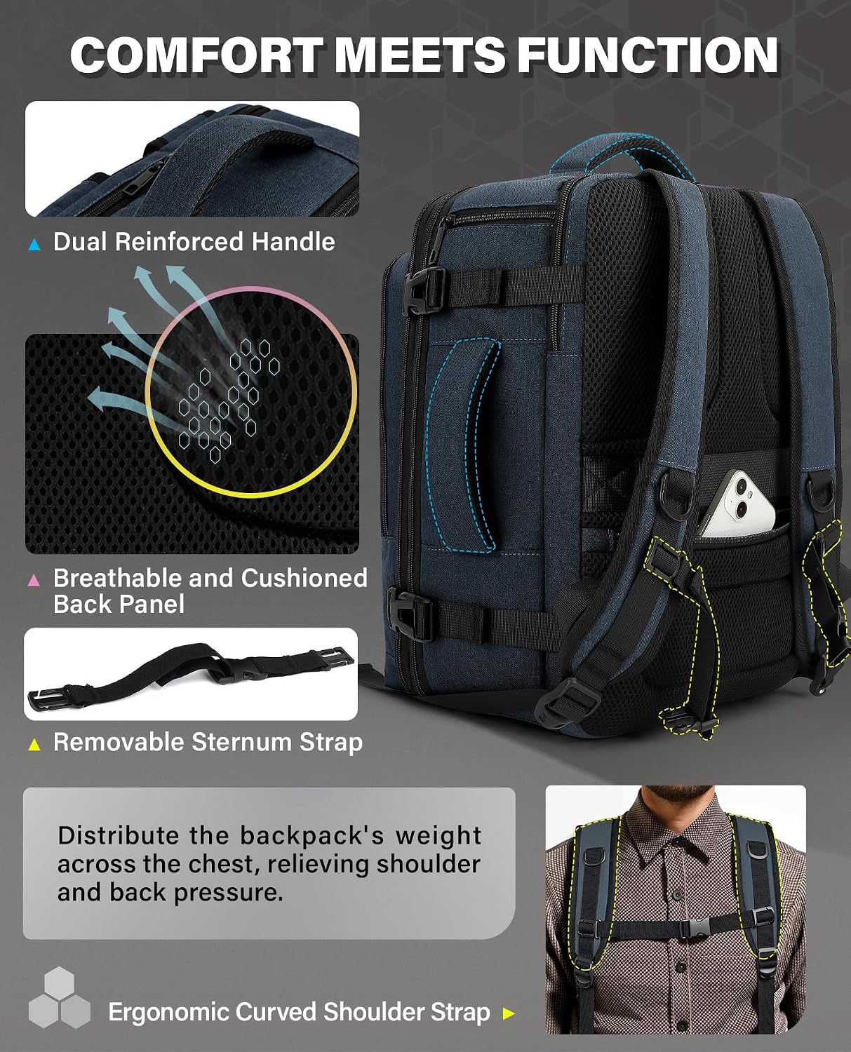 Thumbnail 3 de VANKEV Expandable Cabin Bag for EasyJet, Lufthansa, BA & Jet2 — 32L to 40L, 45x36x20/25 cm, Underseat 15.6" Laptop
