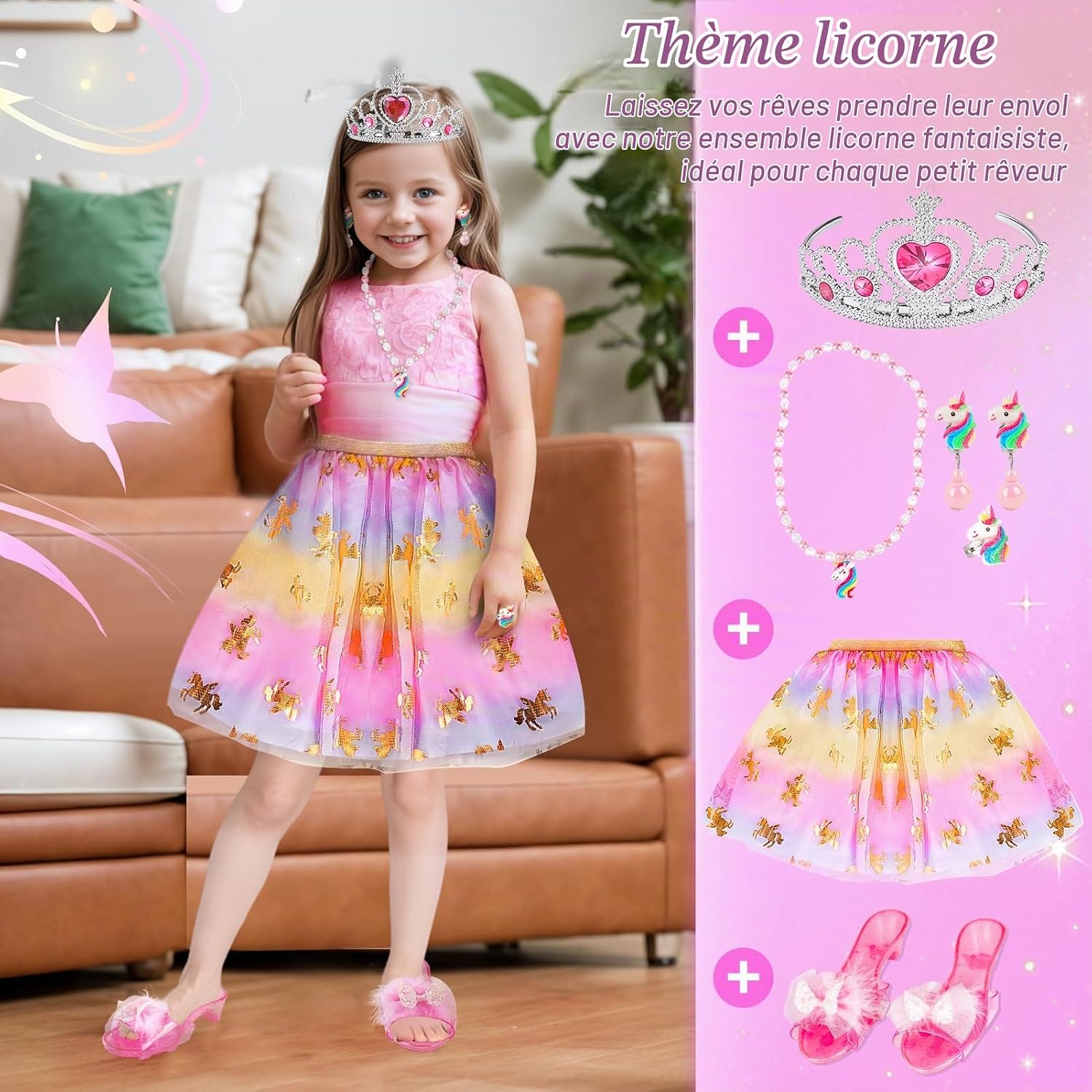 Detalle de Dreamon MX117 prinsessenkostuumset met drie thema’s en accessoires