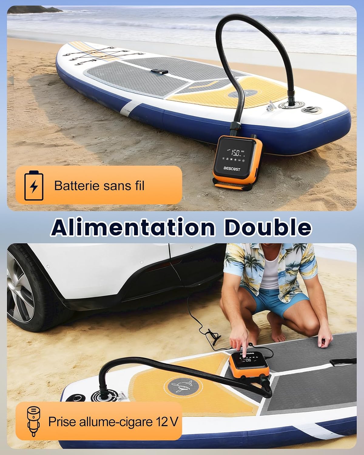 Detalle de Pompe SUP Électrique 20 PSI – Charge rapide 45W, gonflage/dégonflage double étage, Pack étanche et câble Type-C/12V