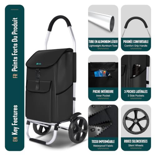Thumbnail 3 de VOUNOT Chariot de Courses 2 Roues en Aluminium avec Compartiment Imperméable 58L – 2 en 1, Noir